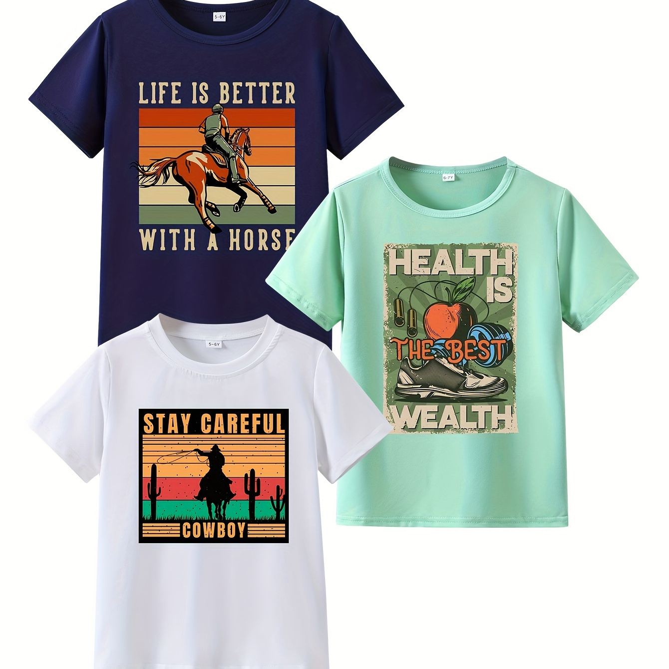 

3pcs Boy's Summer Casual Short Sleeve T-shirts - With A Horse & Careful & Cowboy Print Cool Comfy Tee Gift