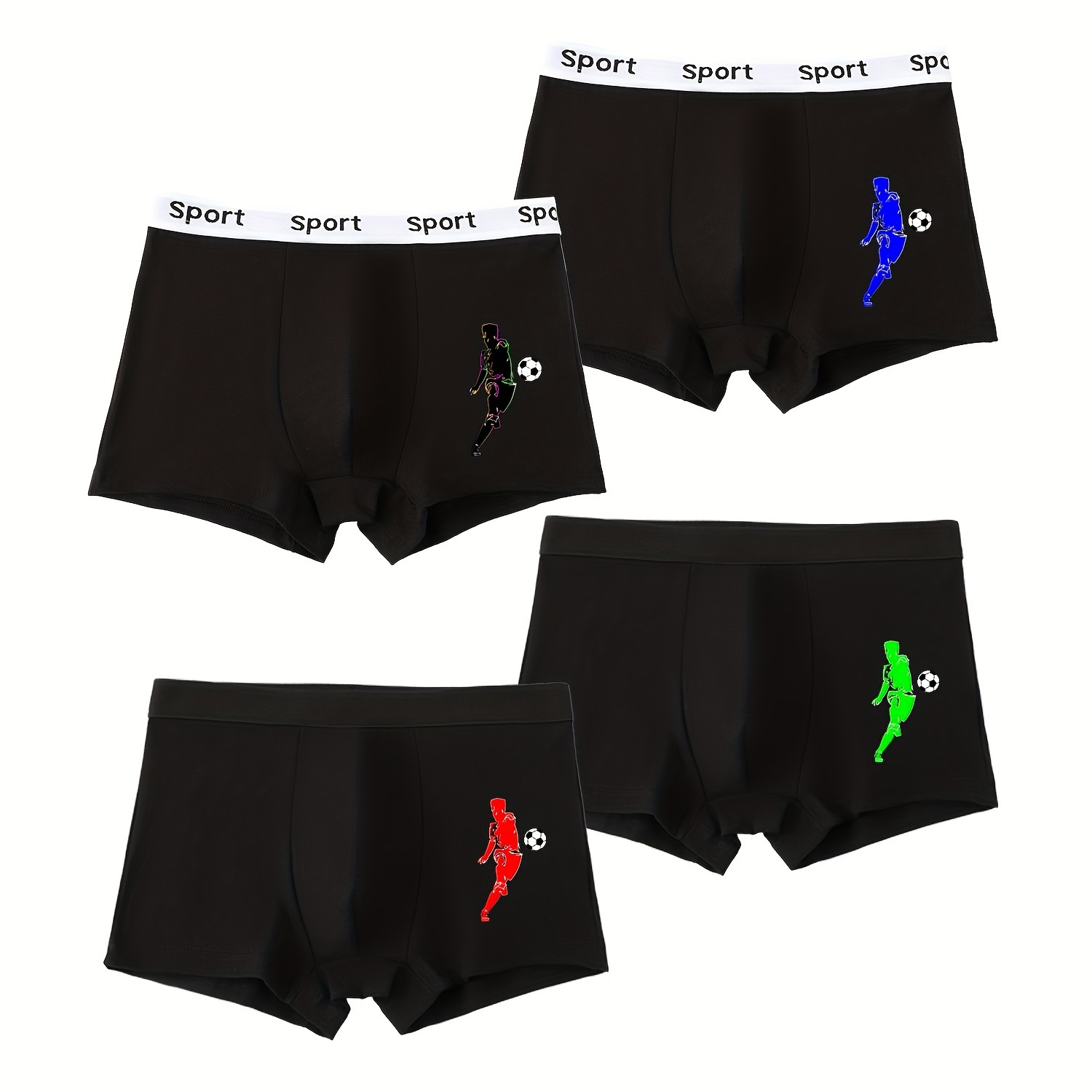 

4pcs Teen Boys Sports Boxer Briefs, Fashion Soccer Print Cotton Underwear, Breathable Soft Athletic Trunks For Kids Teenagers Students