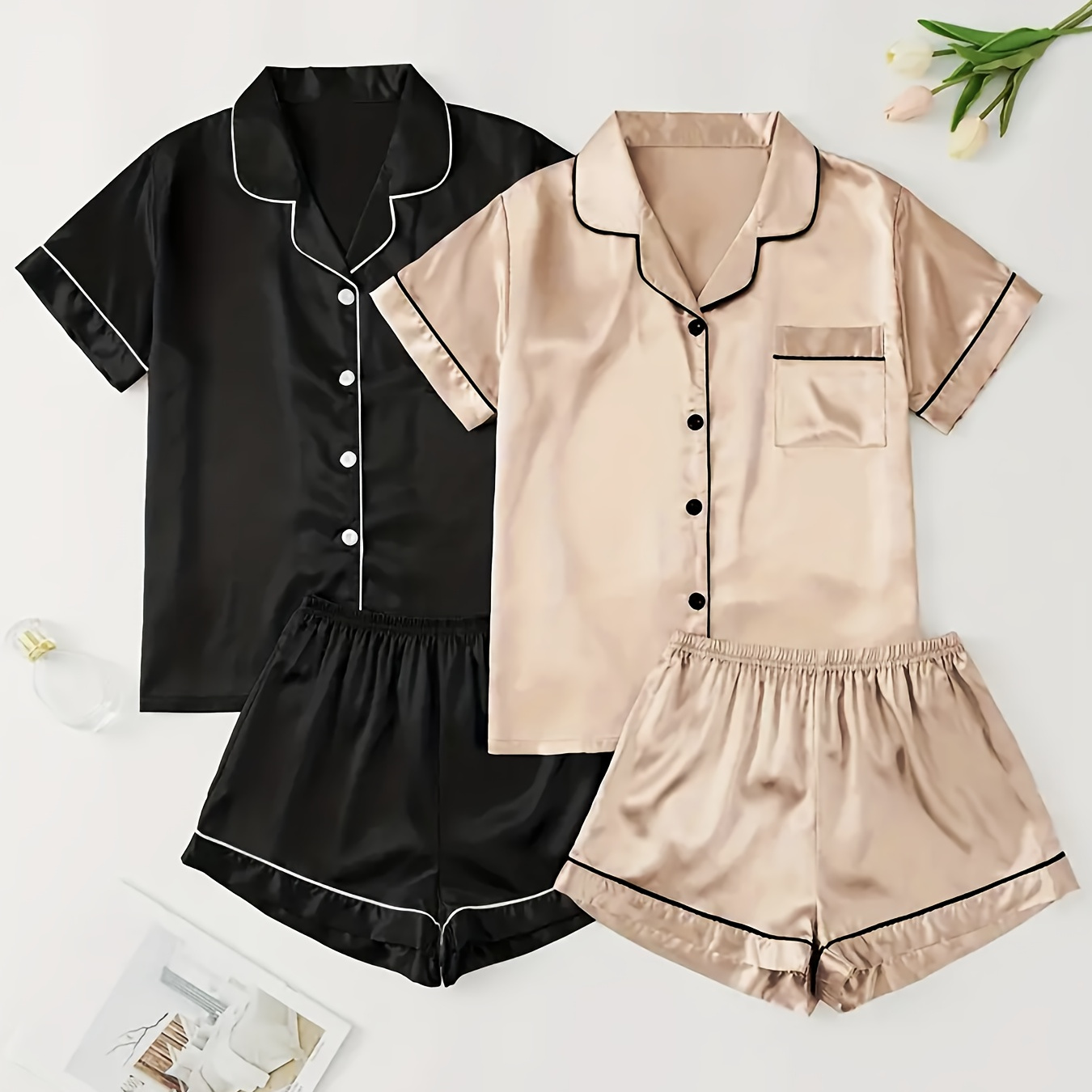 

2 Sets Women's Solid Satin Casual Pajama Set, Short Sleeve Buttons Lapel Top & Shorts, Comfortable Relaxed Fit