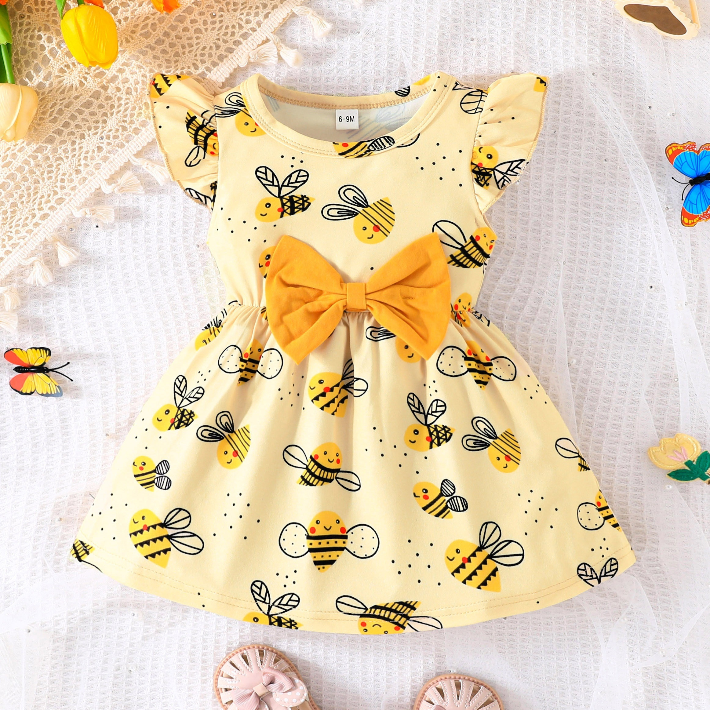 

Infant & Toddler's Cartoon Bee All-over Print Dress, Bowknot Decor Cap Sleeve Dress, Baby Girl's Clothing For Summer