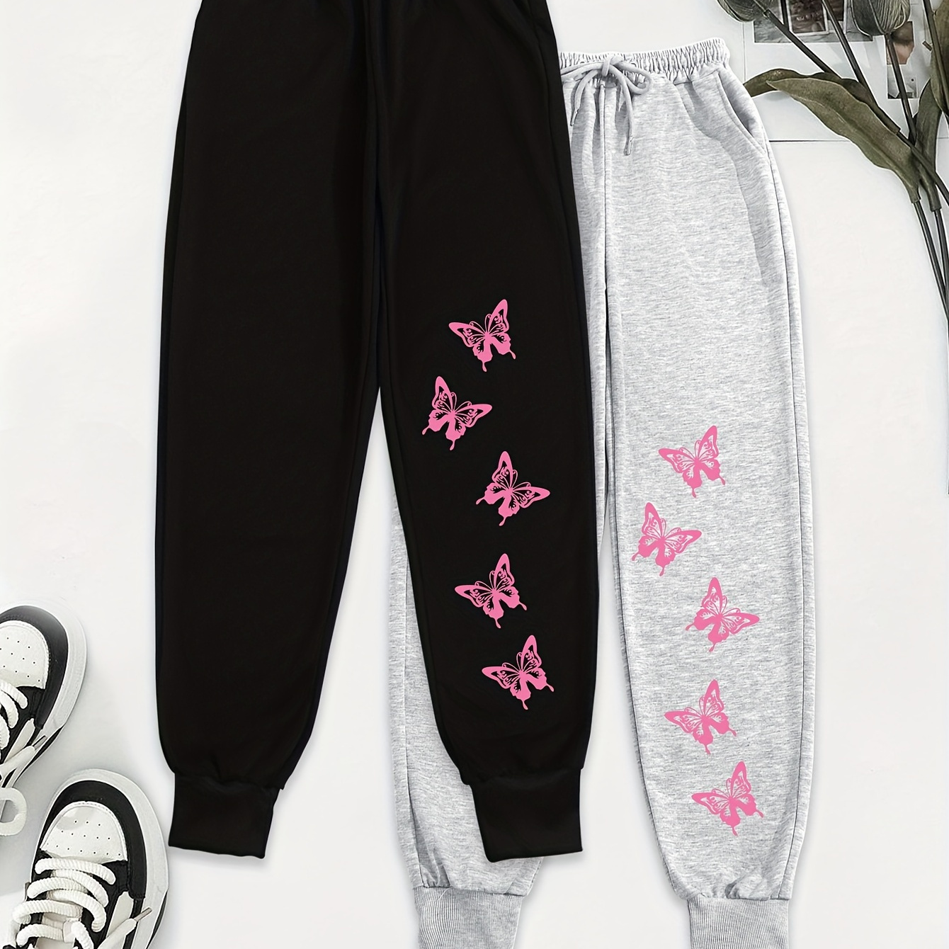 

Butterfly Print Jogger Sweatpants 2 Pack, Casual Drawstring Sporty Pants With Pocket, Women's Clothing