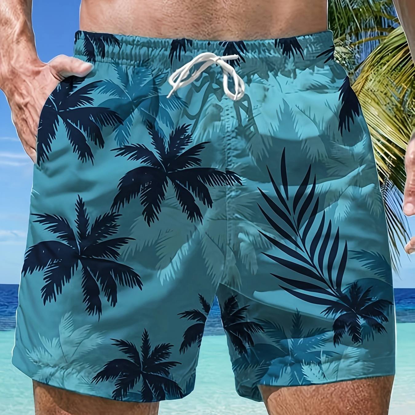 

Coconut Tree Pattern Board Shorts With Drawstring And Pockets, Chic And Trendy Shorts For Men's Summer Leisurewear And Beach Vacation