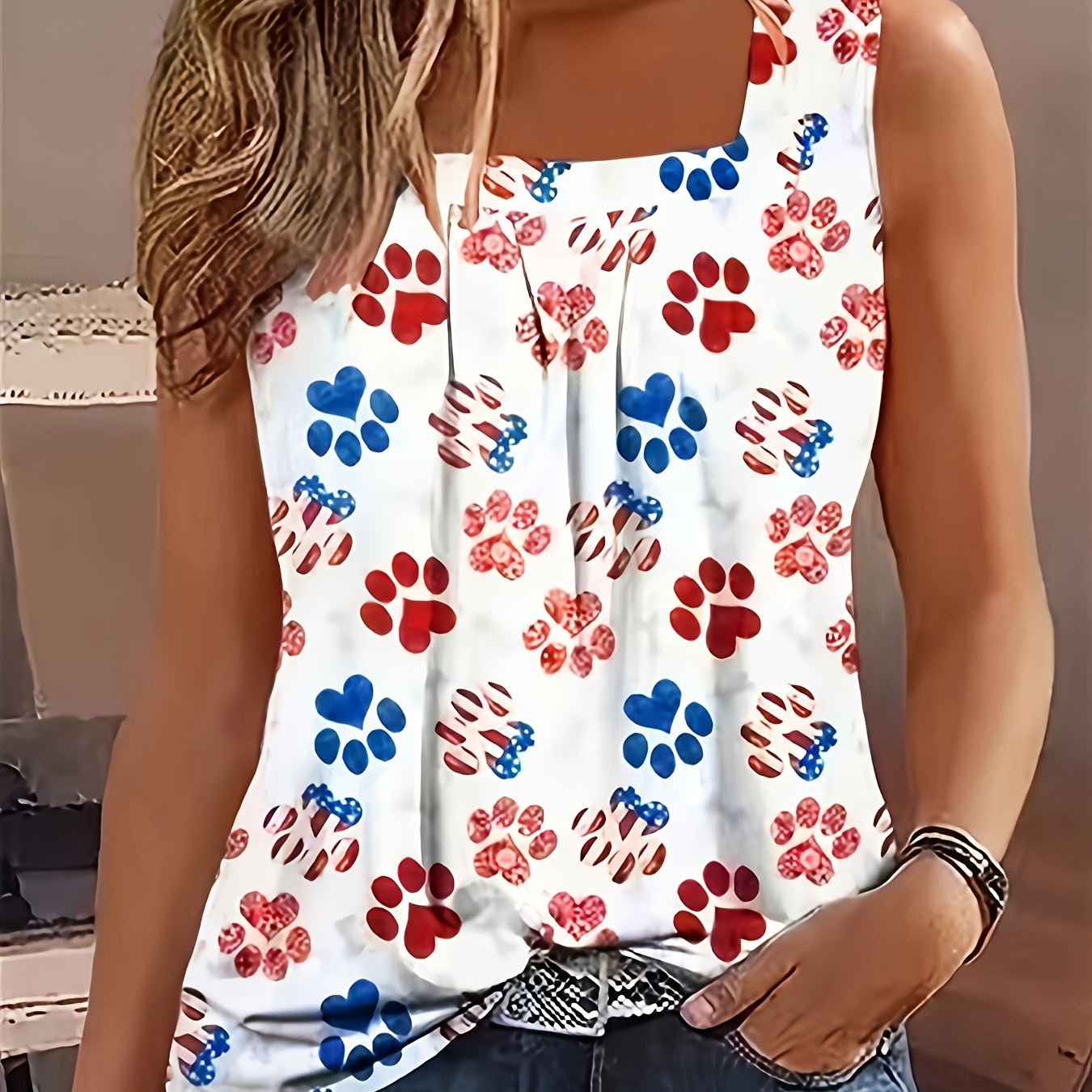 

Plus Size Dog Paw Print Tank Top, Casual Ruched Square Neck Sleeveless Top For Summer, Women's Plus Size clothing