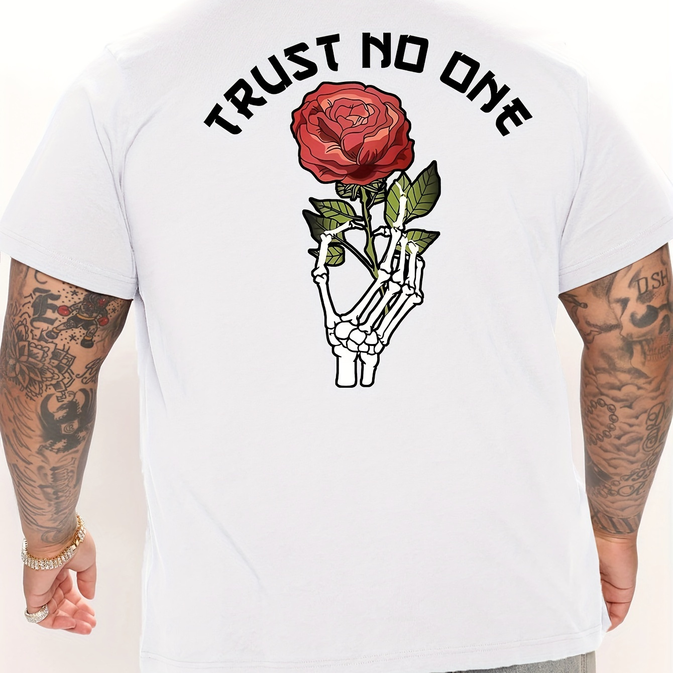 

Plus Size Men's Skeleton Hand And Rose Print Creative Top, Casual Short Sleeve Crew Neck T-shirt, Men's Clothing For Summer Outdoor