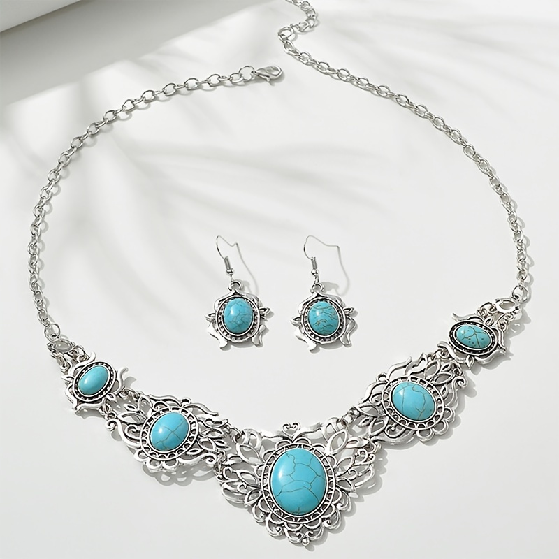 

Vintage Style Pendant Necklace & Drop Hook Earrings Boho Turquoise Jewelry Set For Women