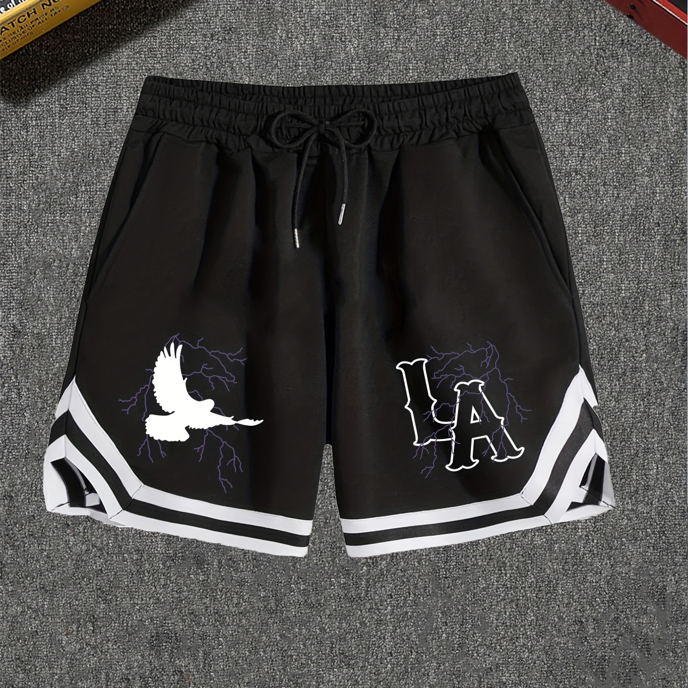 

And Lightning Pattern And Letter Print "la" Men's Sports Shorts With Drawstring And Pockets, Casual And Stylish Shorts For Summer Basketball And Fitness Wear