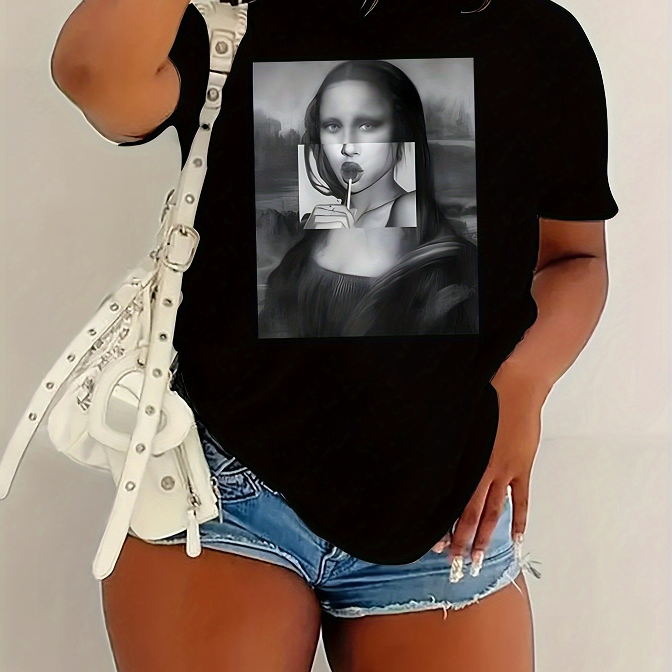 

Plus Size Portrait Print T-shirt, Casual Crew Neck Short Sleeve T-shirt, Women's Plus Size clothing