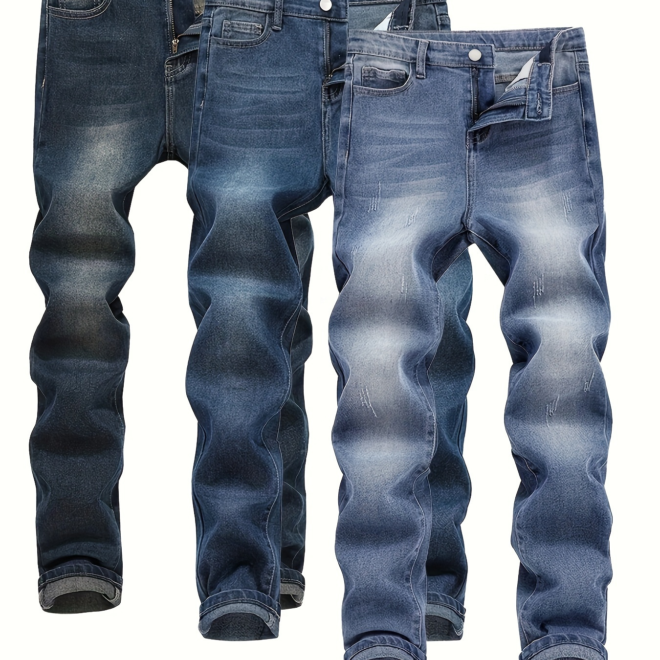 

3pcs Boys Straight Leg Jeans With Pockets, Comfortable Cotton Blend Denim Pants For All-season Wear, Perfect For Casual Outings & Street Wear