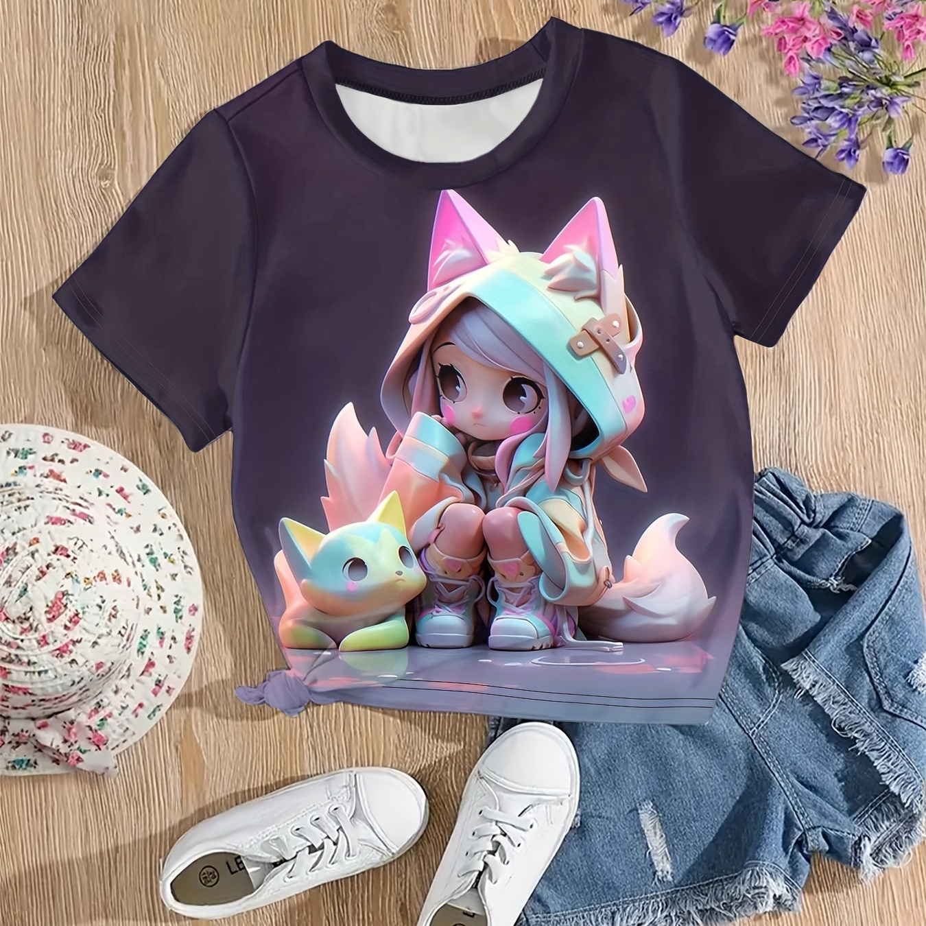 

Girls Sweet 3d & Girl Print Short Sleeve T-shirt Top Summer Clothes Sports