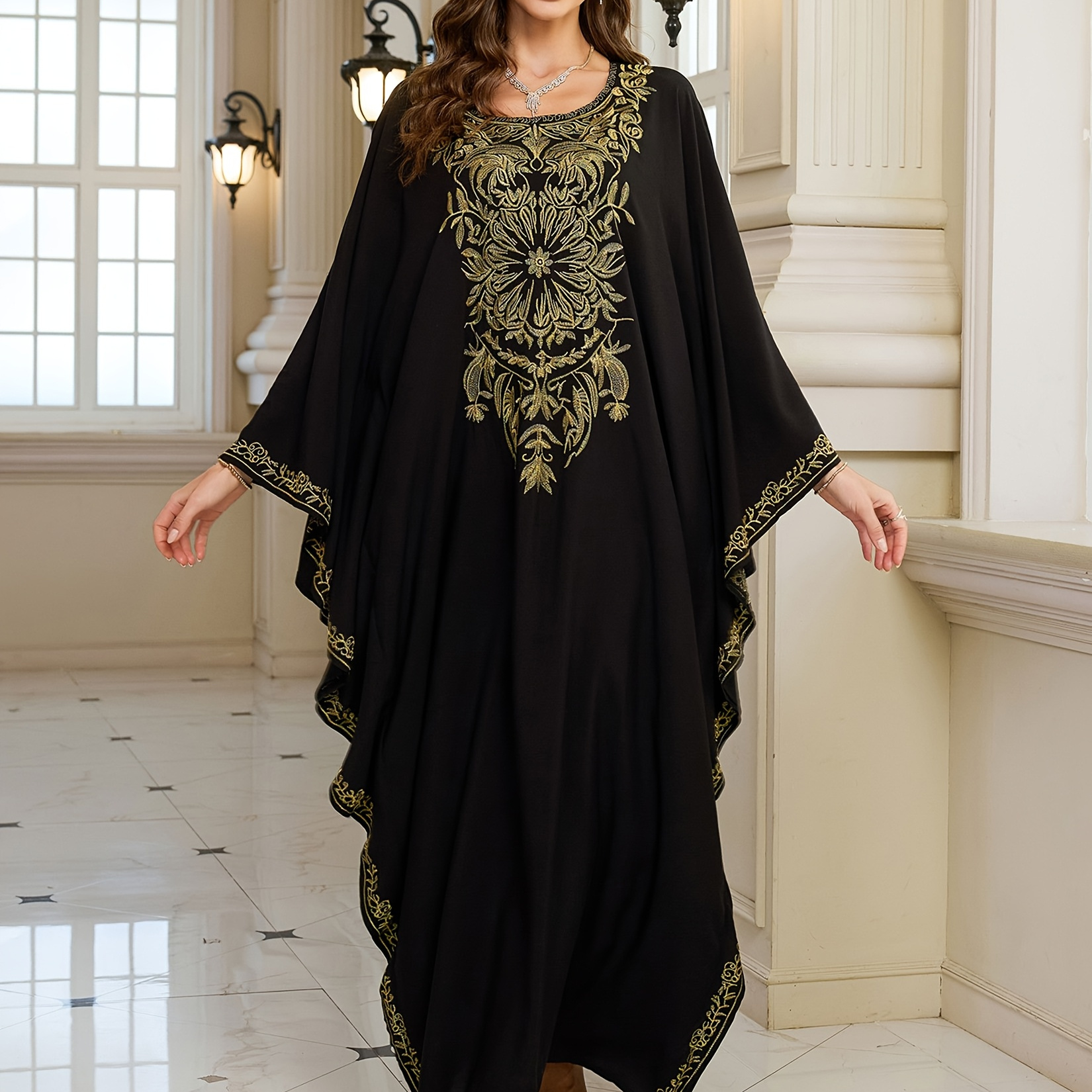 

1pc Edolynsa Size Kaftan Dress - Luxury Embroidered Viscose Fabric, Casual Round Neck, Loose Batwing Sleeves, Split Hem, H-line Silhouette, No Padded, For Spring/summer/autumn, , Q1786