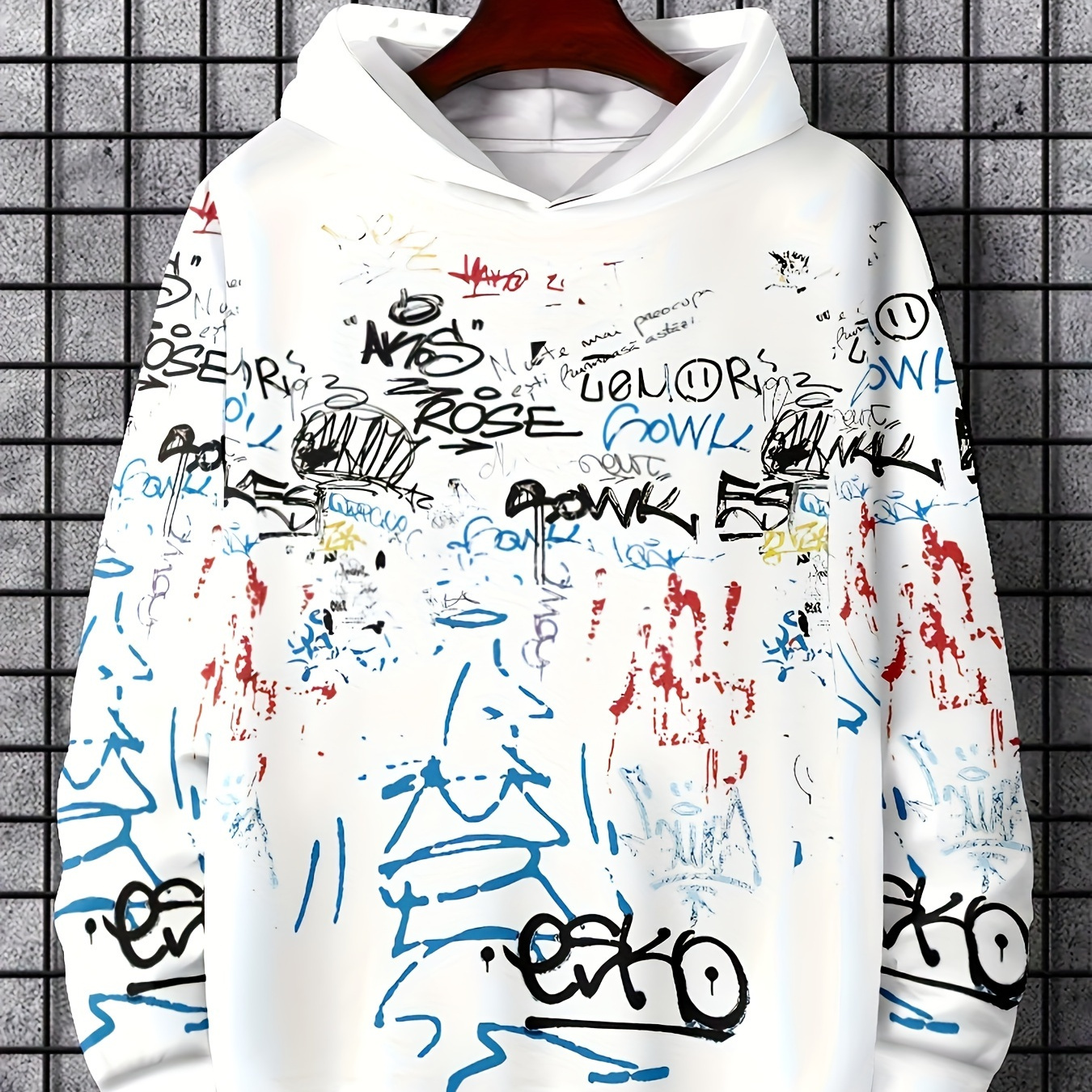 

Men's Casual Graffiti Print Hooded Sweatshirt - Polyester 100% Knit Fabric, Stretch, Long Sleeve, Regular Fit Pullover Hoodie For Spring/fall