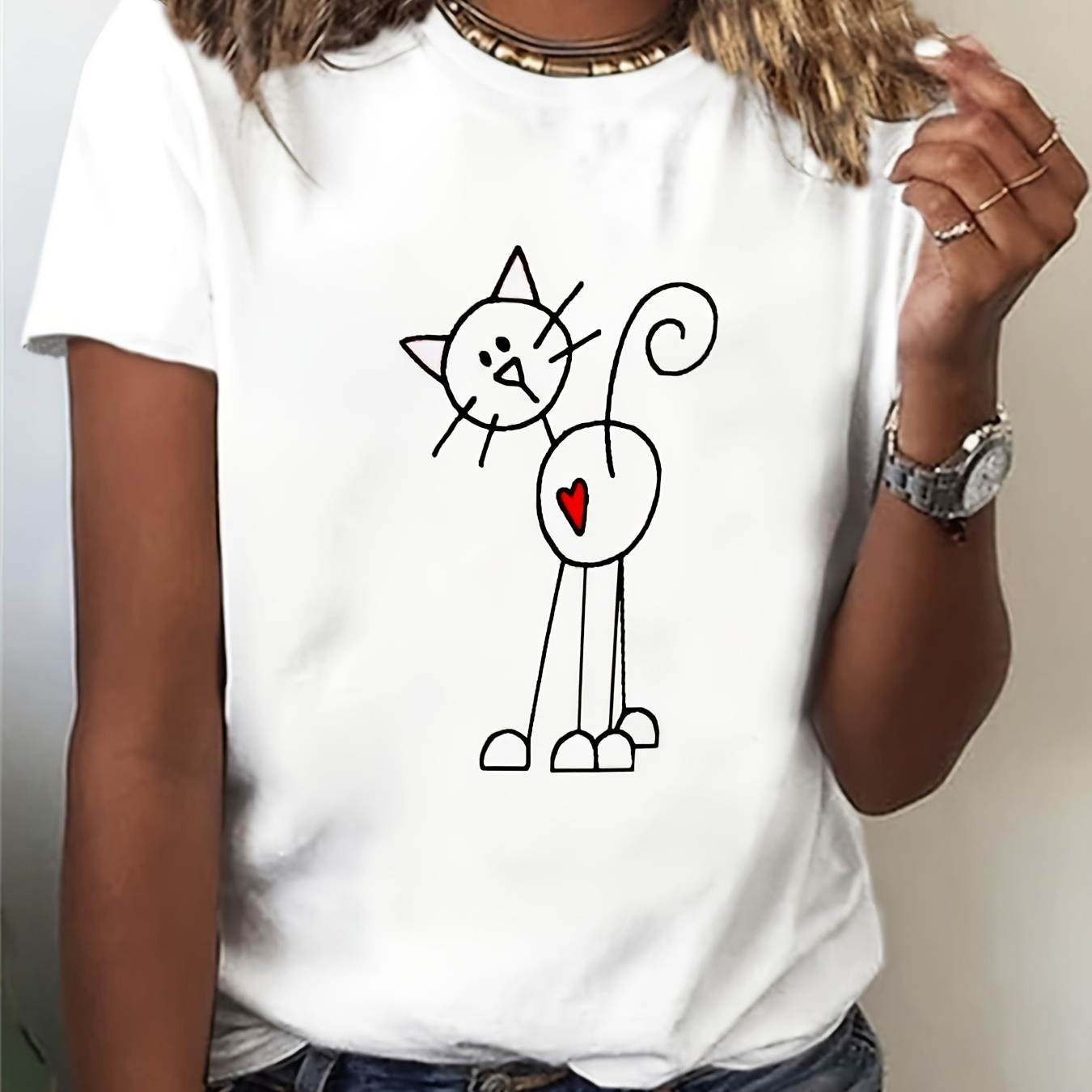 

Cat Neck T-shirt, Casual Short Sleeve Top For , Women's Clothing