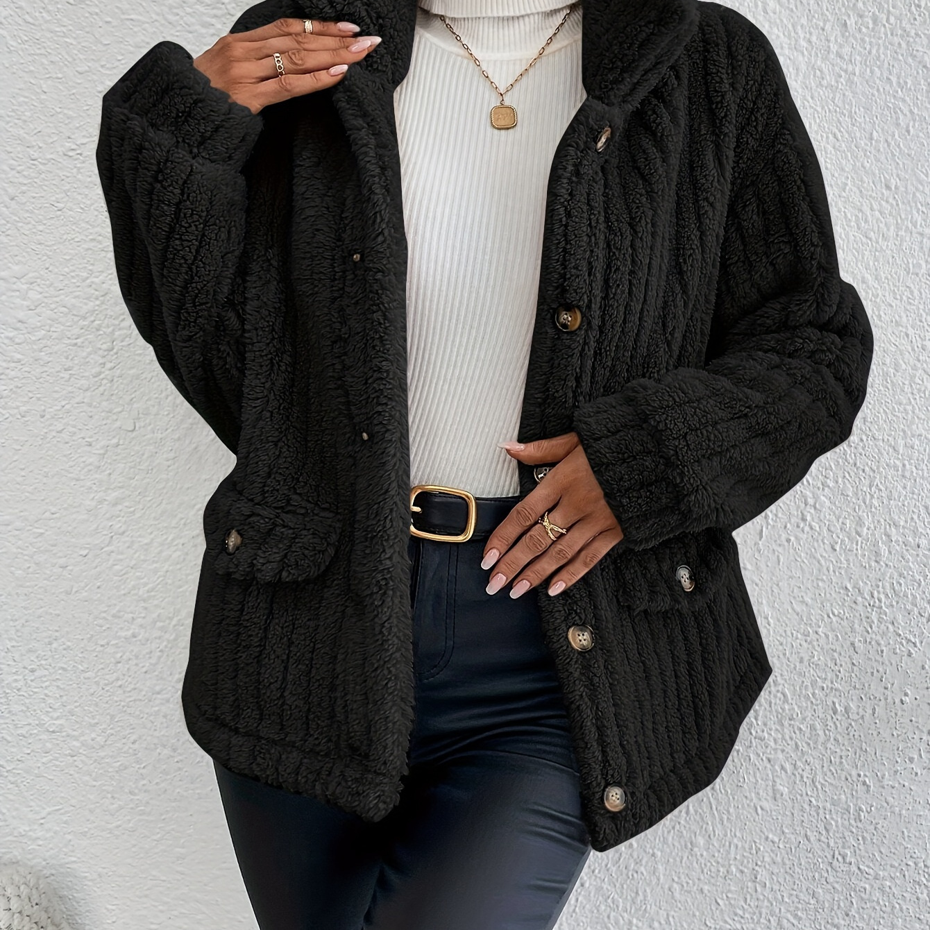 

Solid Color Button Front Cardigan, Long Sleeve Warm Coat For Winter & Fall, Women's Clothing