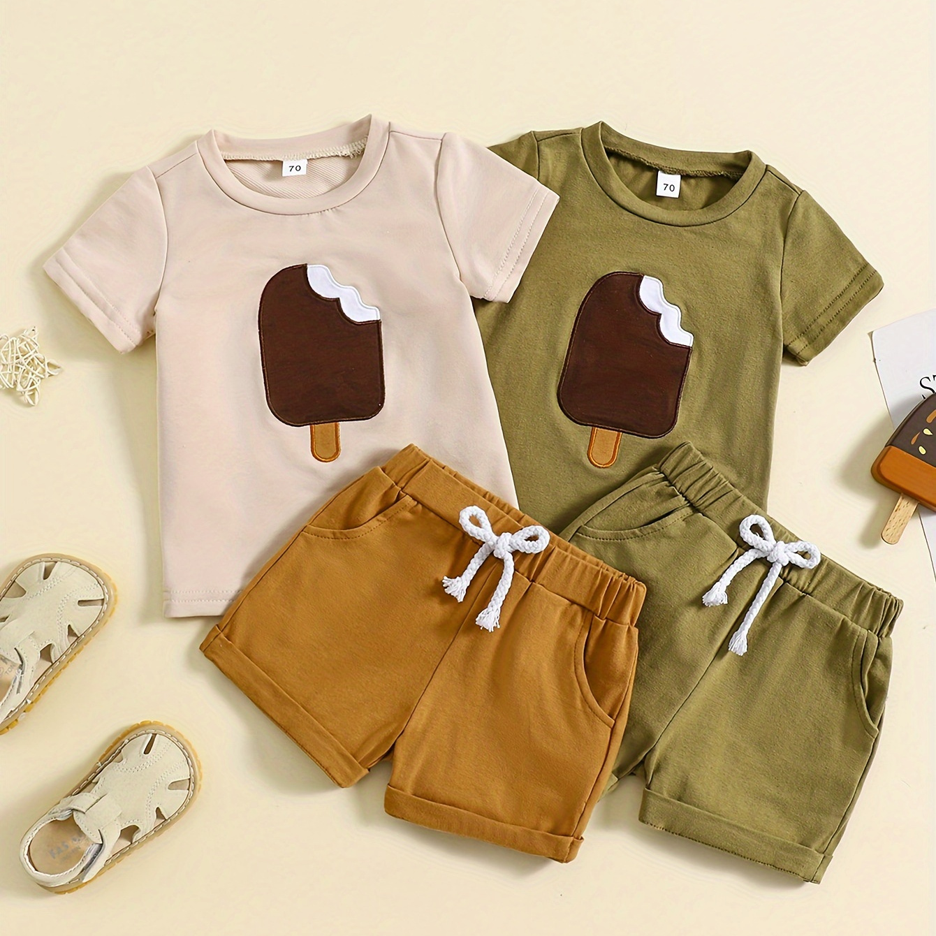 

2pcs Summer Baby Boys Ice Cream Print T-shirt And Shorts Set, Sporty Style, Toddler Casual Outfit