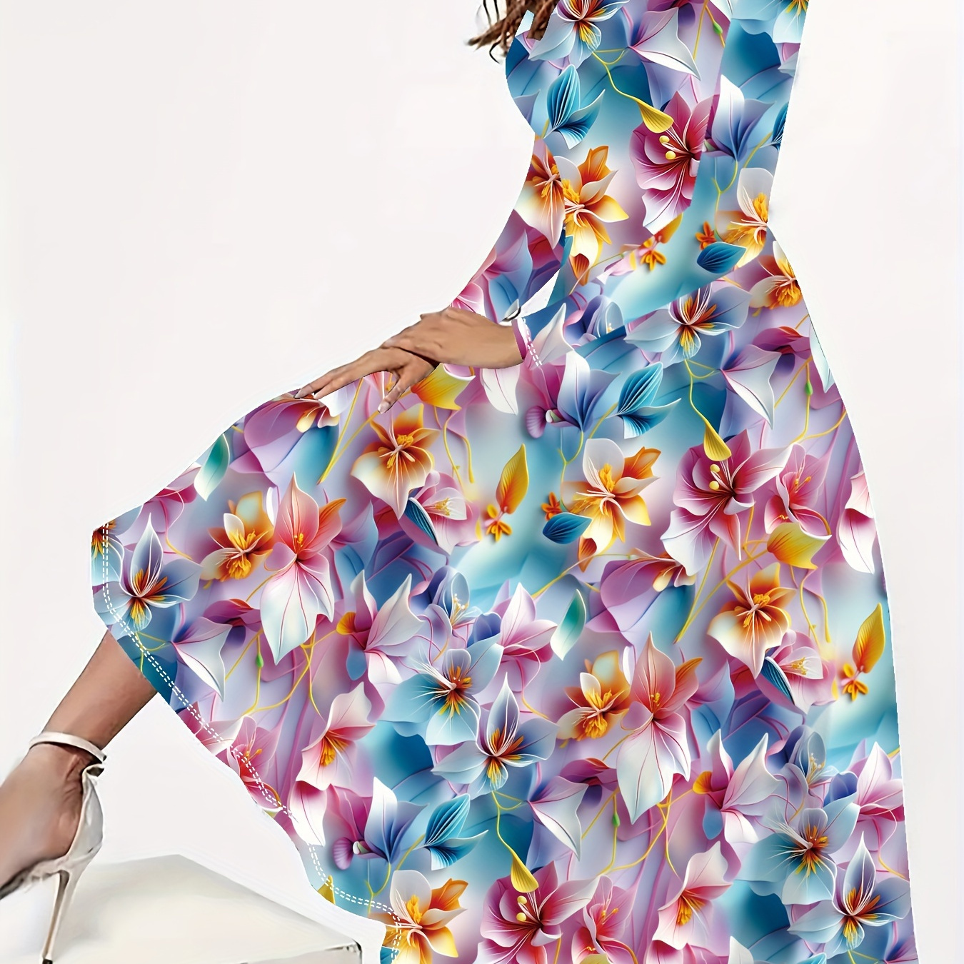 

Plus Size Floral Neck Dress, Casual Long Sleeve Maxi Dress For , Women's Plus Size Clothing