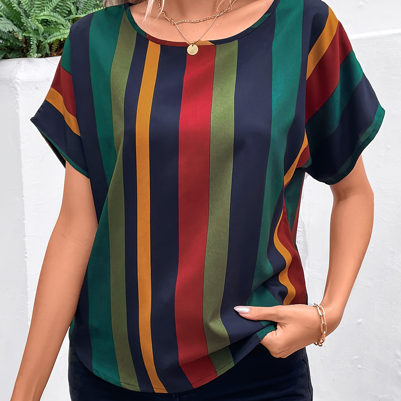 

Striped Print Color Block Blouse, Casual Crew Neck Short Sleeve Top For Spring & Summer, Women's Clothing