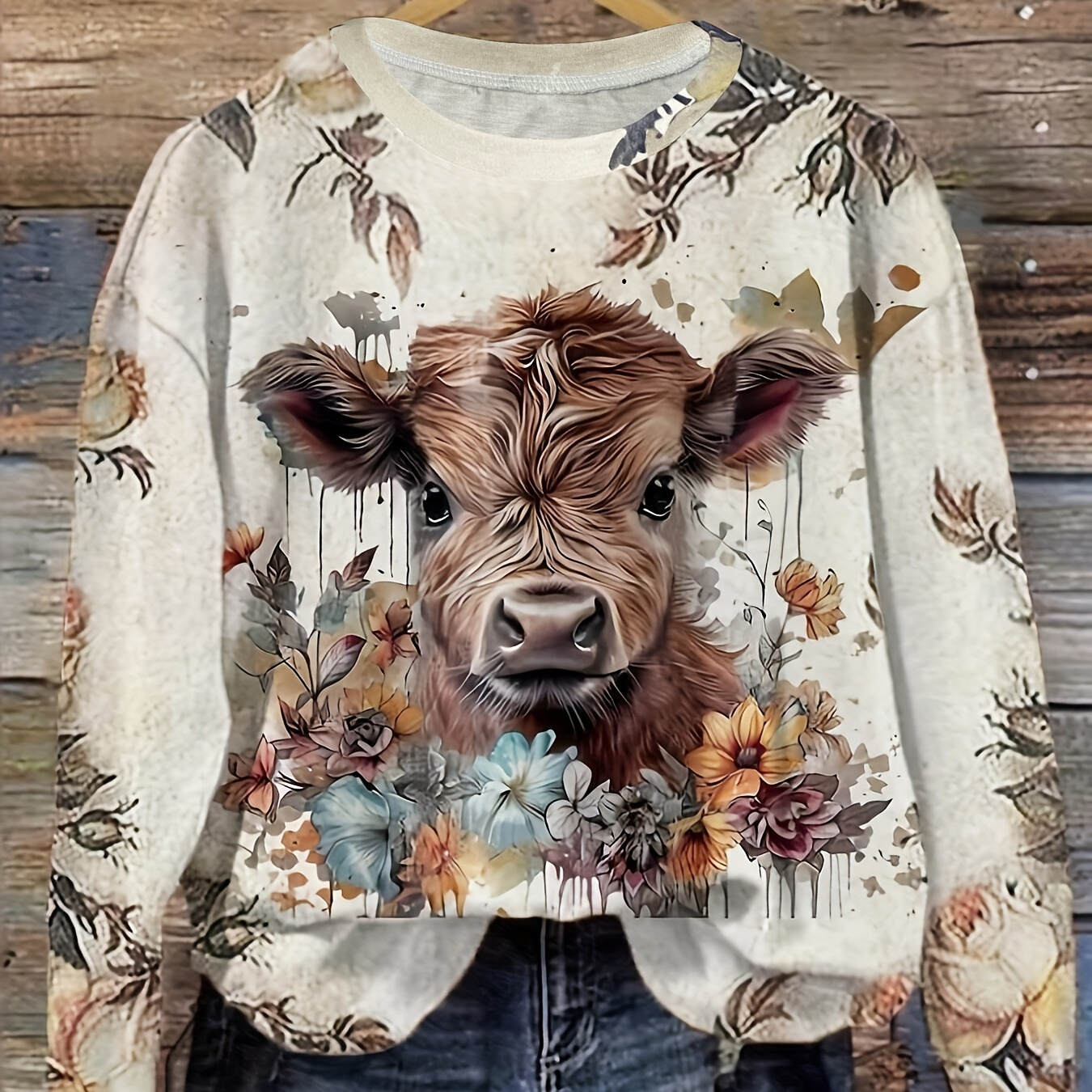 

T-shirt À Imprimé Vache, Haut Décontracté À Manches Longues Et Col Rond Pour Le Printemps Et L'automne, Vêtements Pour Femmes