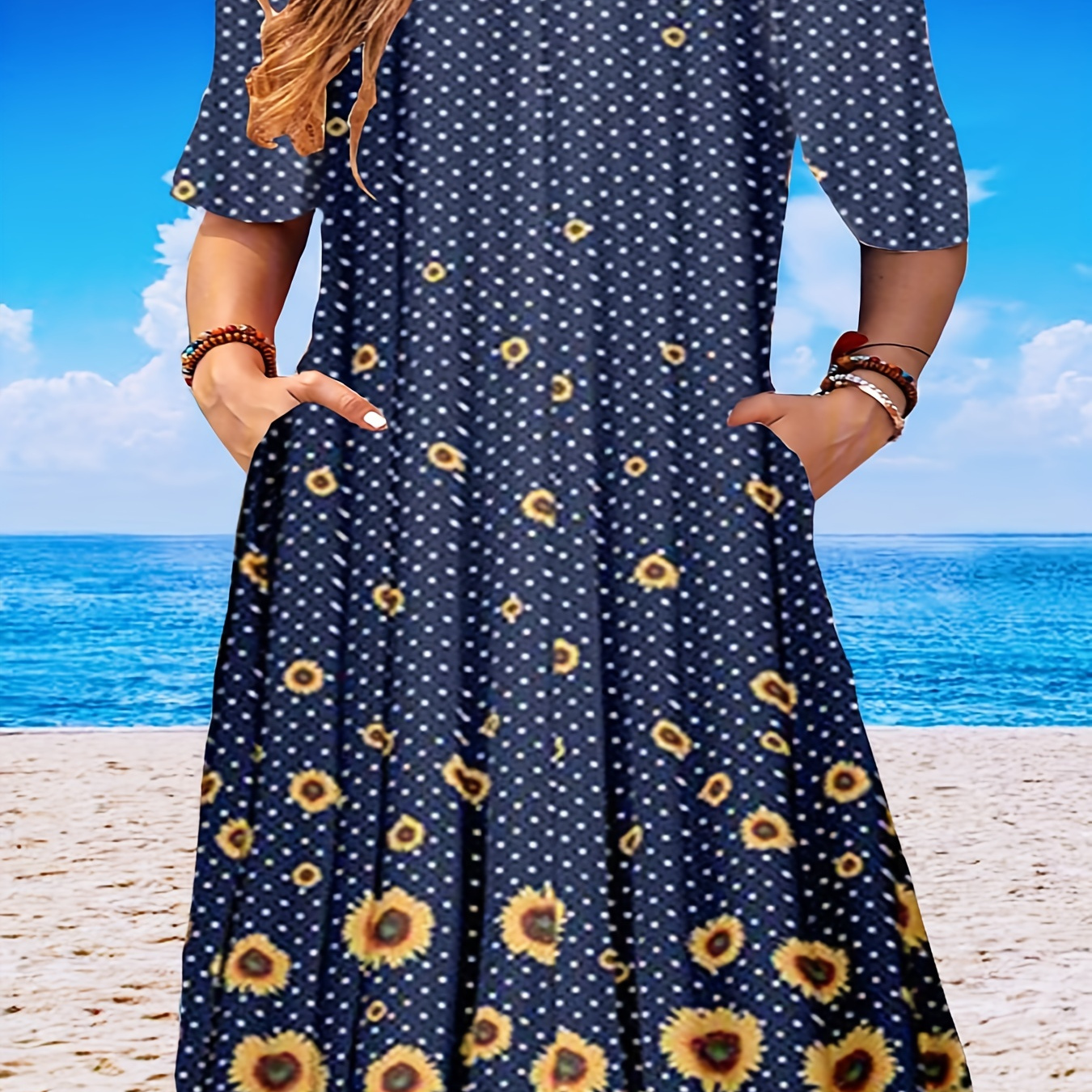 

Plus Size Casual Dress, Women's Plus Sunflower & Dot Print Short Sleeve Round Neck Slight Stretch Tee Dress With Pockets
