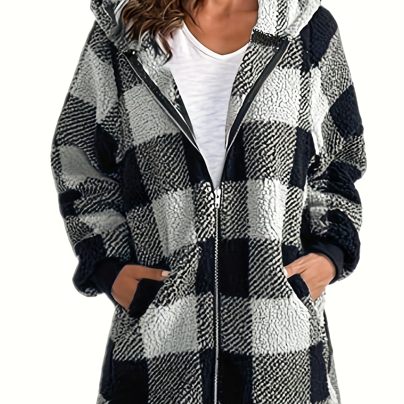 

Plaid Print Fuzzy Hooded Coat, Casual Zip Up Long Sleeve Outerwear, Women's Clothing