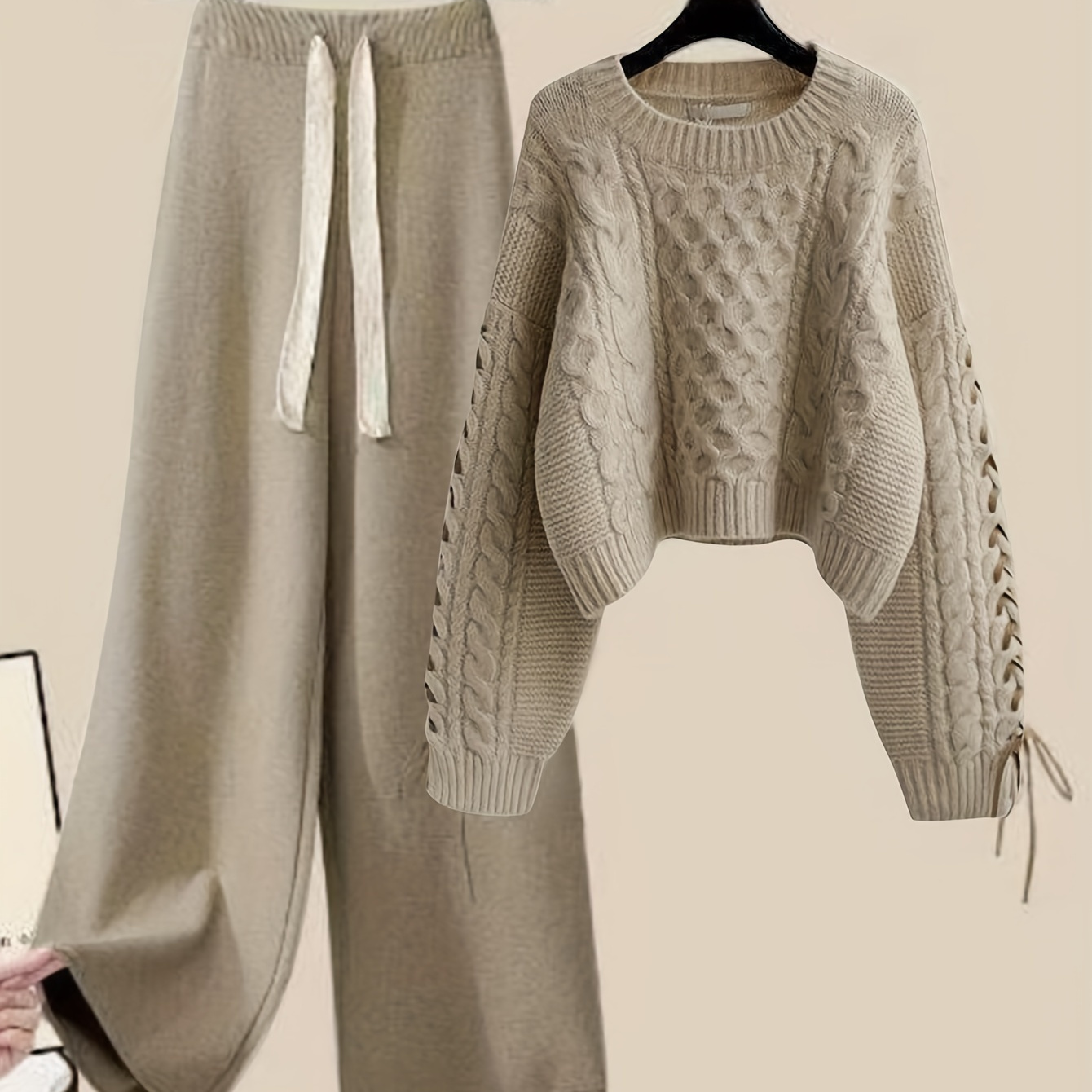 

Solid Color Knitted Pantsuits, Cable Knit Long Sleeve Crew Neck Lace Up Sweater & Drawstring Elastic Waist Wide Leg Pants Outfits, Women's Clothing