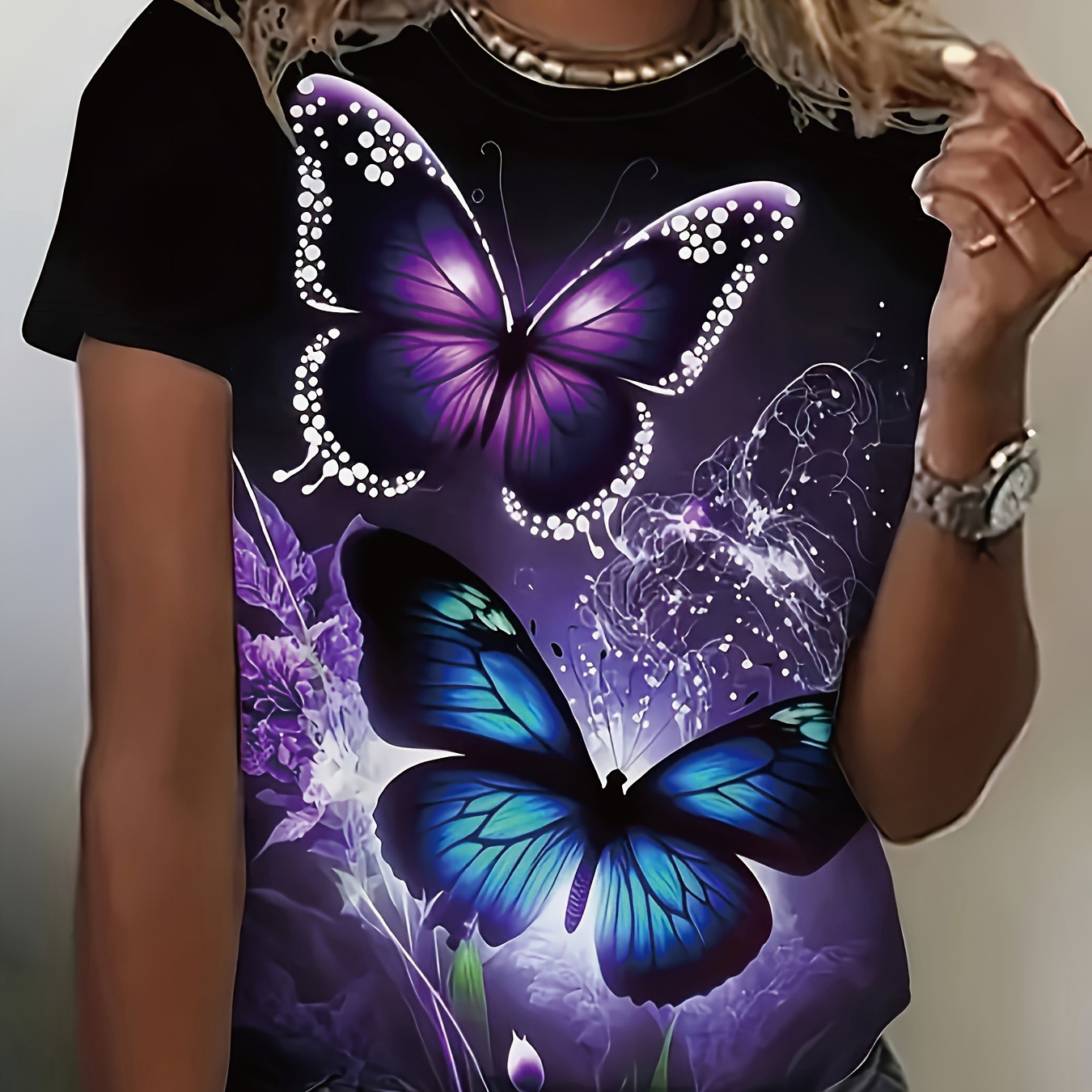 

T-shirt Imprimé Papillon, Haut Décontracté À Manches Courtes Et Col Rond Pour Le Printemps Et L'été, Vêtements Pour Femmes