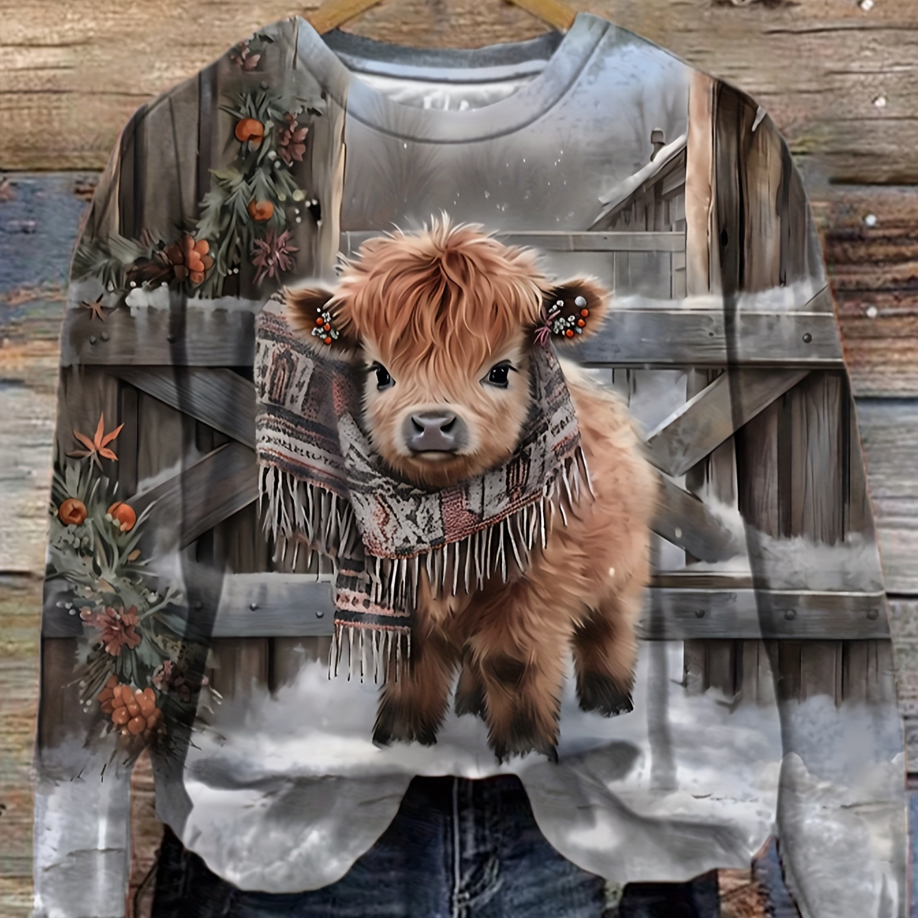 

Vintage-inspired Highland Cow Print Women's Sweatshirt - Cozy Scarf Design, Round Neck, Long Sleeve, Casual Fit, Polyester - Autumn/winter