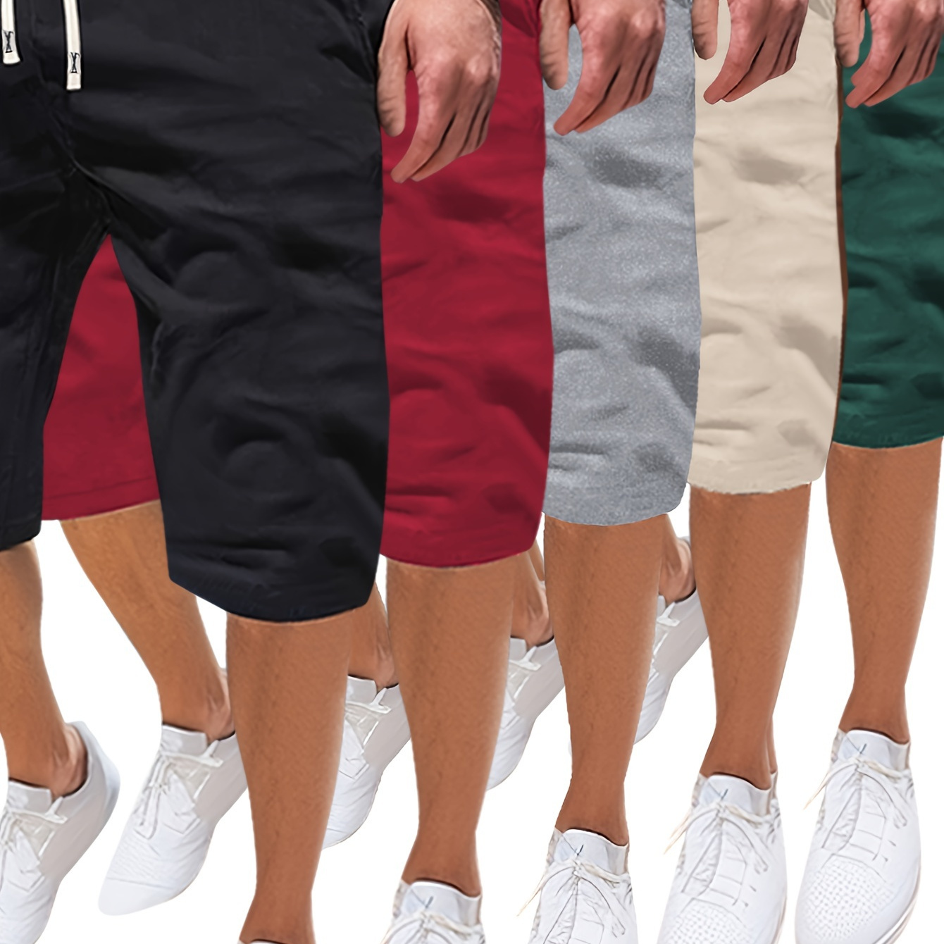 

5pcs Men's Summer Shorts, Solid Color Polyester Knit Fabric, Regular Style With Pockets And Drawstring, Casual Beach Jogging Shorts, Shorts | Smooth Texture Shorts | Lightweight Fabric