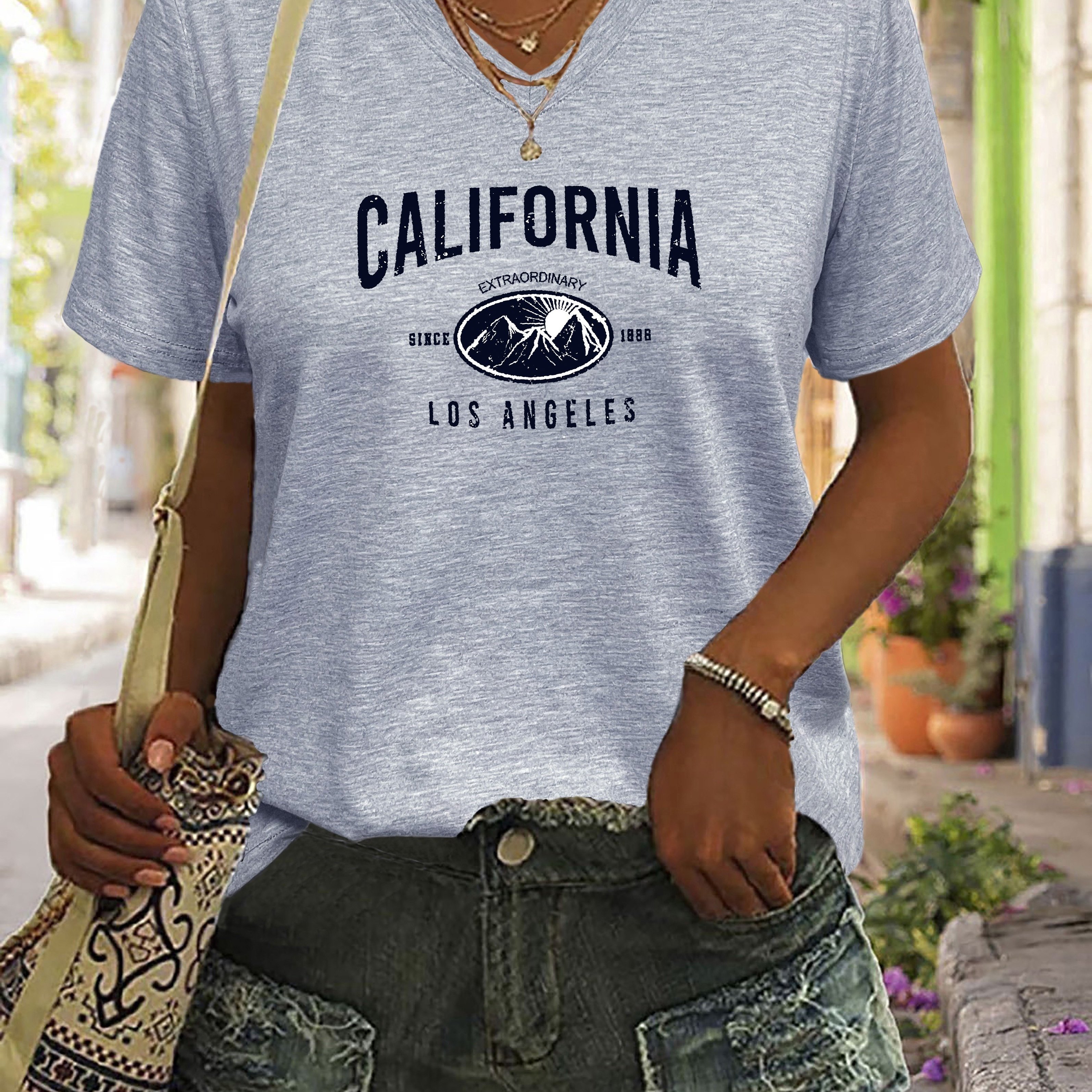 

California Letter Print T-shirt, Short Sleeve V Neck Casual Top For Summer & Spring, Women's Clothing