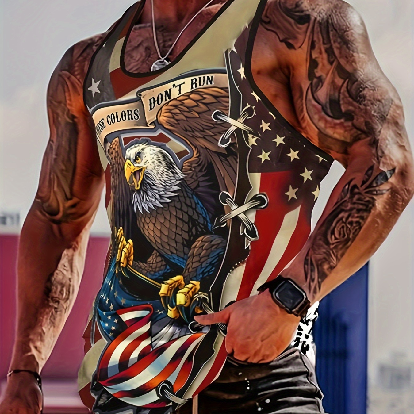 

American Symbol Eagle Pattern Design Casual Breathable Comfy Sleeveless Tank Tops For Men, Men's Summer Clothes Outfits, Men's Undershirts Tops