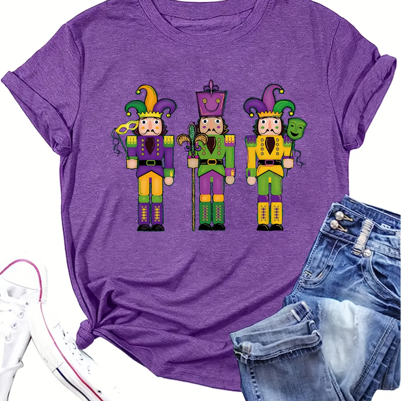 

1pc Mardi Gras Nutcracker Print T-shirt, Women's Casual Round Neck Short Sleeve Top, Polyester Knit Fabric, Graphic Tee For All