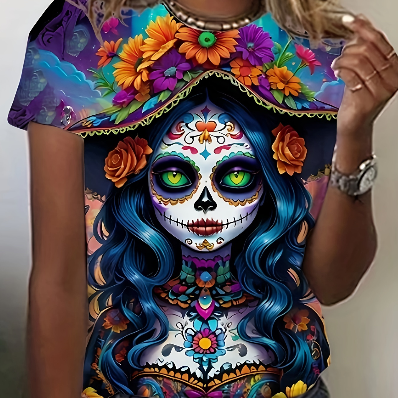 

Flower & Skull T-shirt, Crew Neck Short Sleeve Top For , Women's Clothing