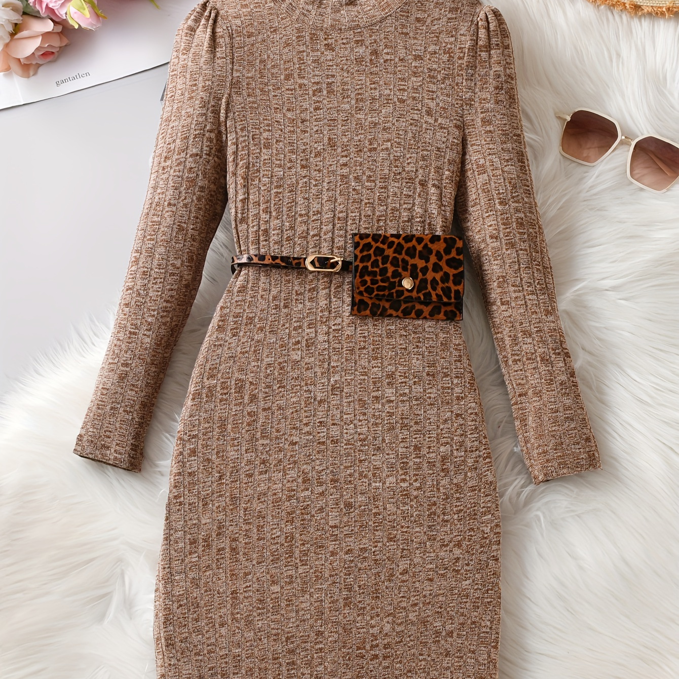 

2pcs Elegant Dress Outfits, Ribbed Knit Dress + Leopard Print Bag Set Kids Clothes Spring Fall Girls Gift