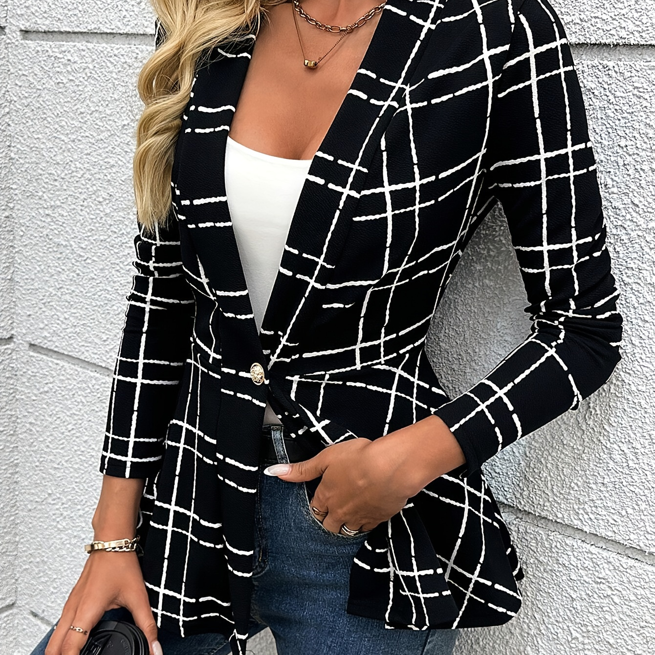 

Women' Print Peplum Hem Long Sleeve Blazer, Polyester Knit Coat With Metal Button, Casual Jacket For Autumn/winter