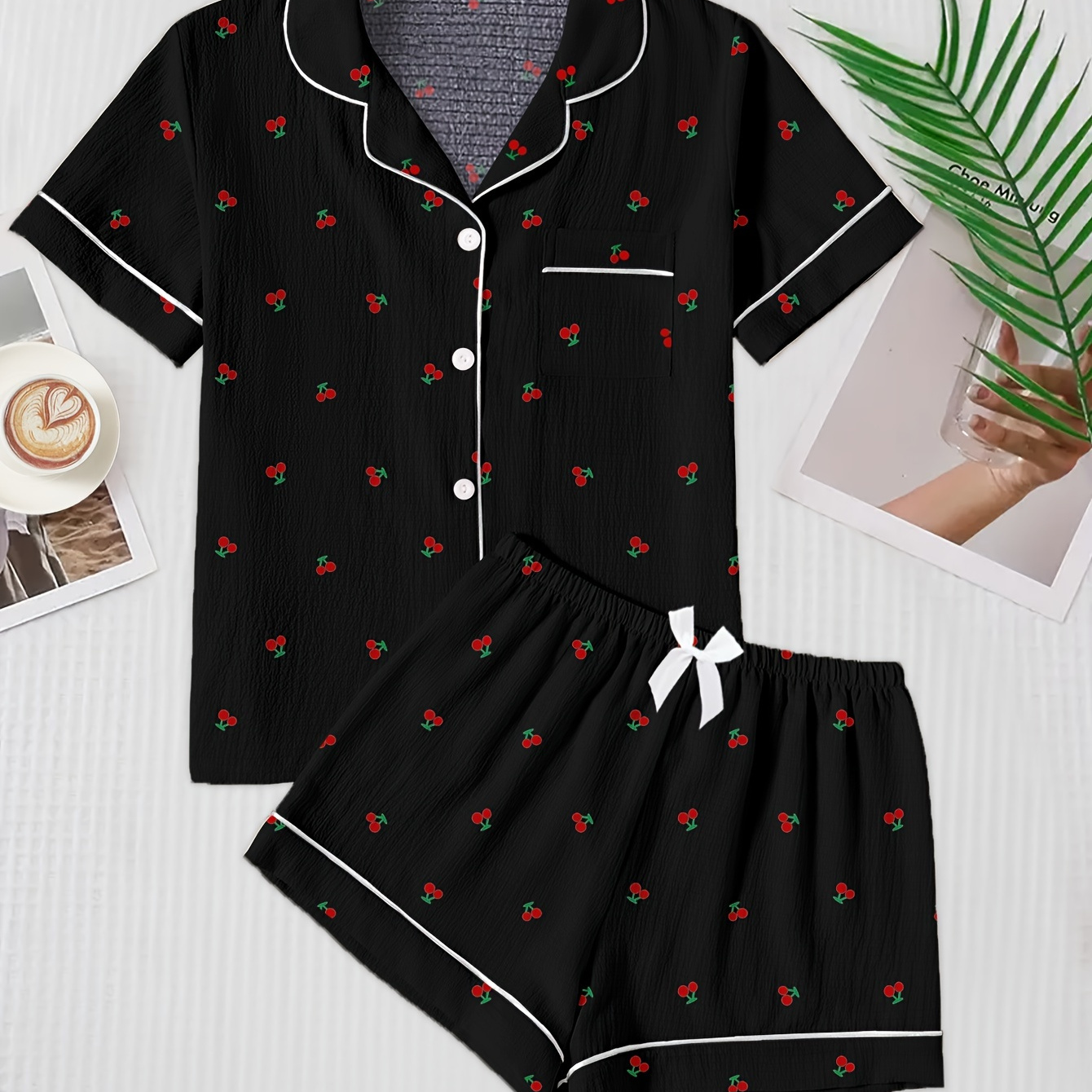 

Comfy Cherry Print Pajama Set For Women - Casual Short Sleeve Button- & Waist Shorts With Bow Detail, Soft Polyester , Machine Washable, All