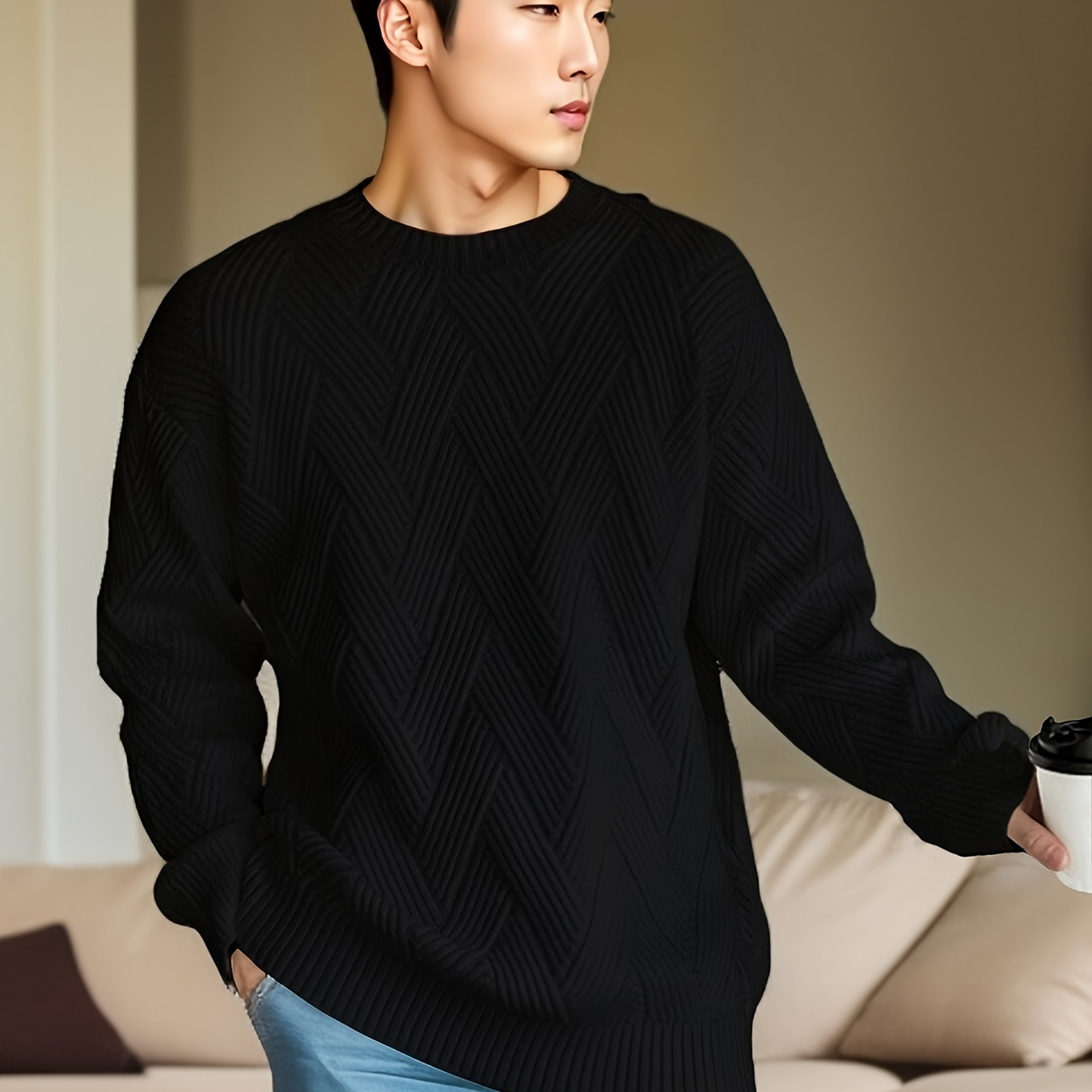 Men's Trendy Striped Knitted Sweater, Casual High Stretch Breathable Loose Warm Top For Outdoor Fall Winter