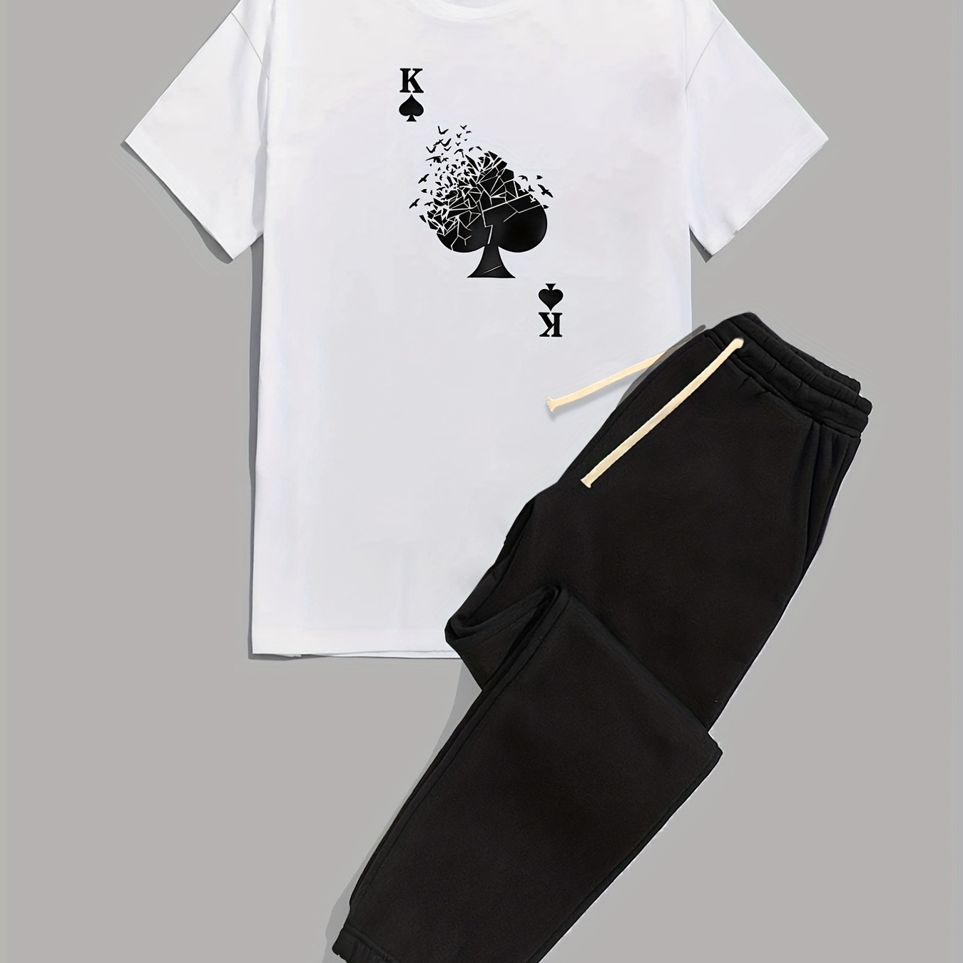 

Black K Print, Men's 2pcs, Short Sleeve Round Neck T-shirt And Drawstring Trousers Set