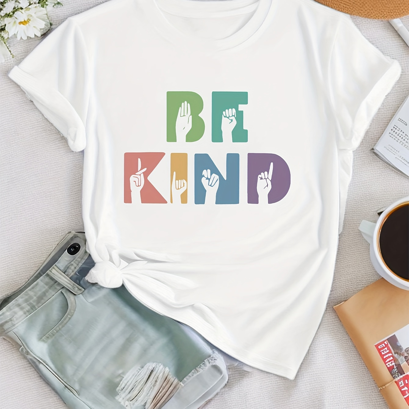 

Inspirational Letters Be Kind Print T-shirt, Short Sleeve Crew Neck Casual Top For Summer & Spring, Women's Clothing