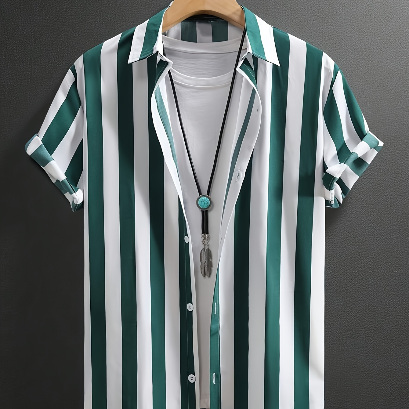 

Men's Breathable Green Striped Casual Shirt - Soft, Lightweight Polyester With Relaxed Fit For