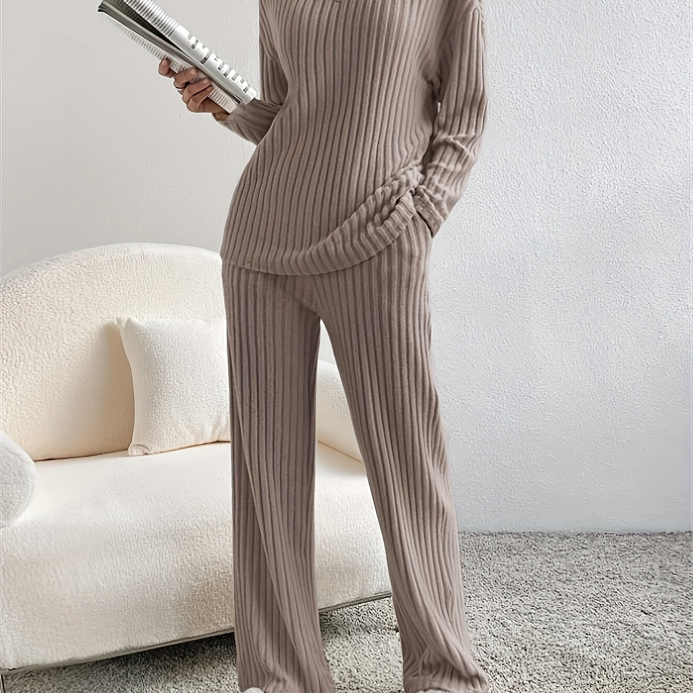 

Ribbed Knitted Pantsuits, Drop Shoulder Long V Top & Leg Pants Outfits, Women's Clothing