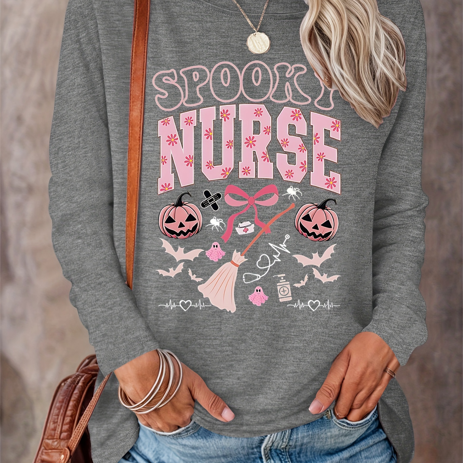 

Spooky Nurse Graphic Print Long-sleeve T-shirt For Women - Casual Crew Neck Knit Top With Polyester Blend, Spring/fall Comfort