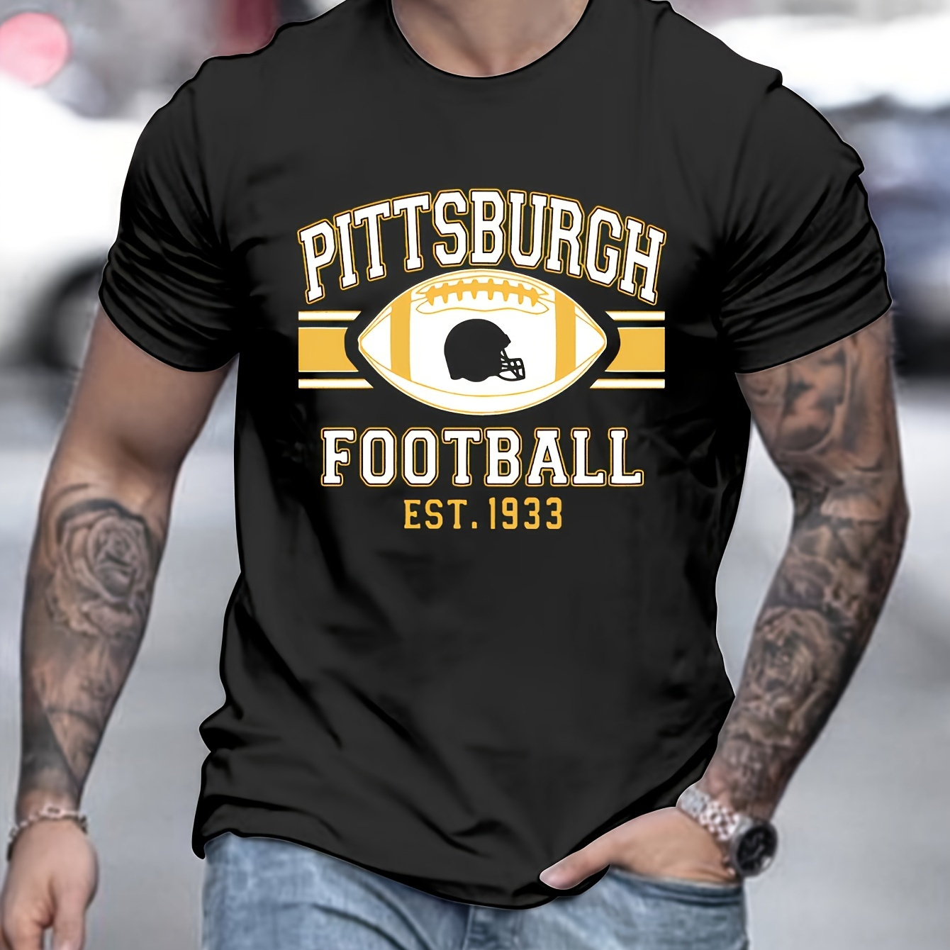 

Pittsburgh Football Team Print Men's Cotton Casual Short Sleeve T-shirt - Knit Fabric, Round Neck, Daily & , Unisex, Summer Collection