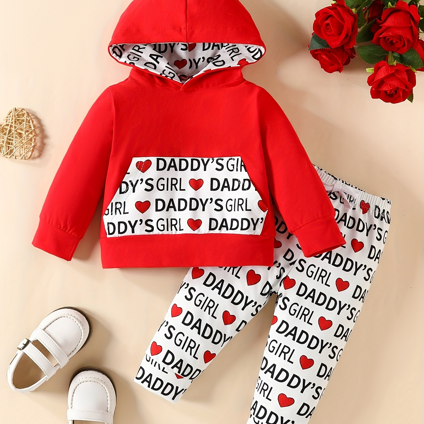 

Baby Girls Cute Heart Daddy's Girl Graphic Hooded Sweatshirt Long Sleeve Trousers 2pcs Set