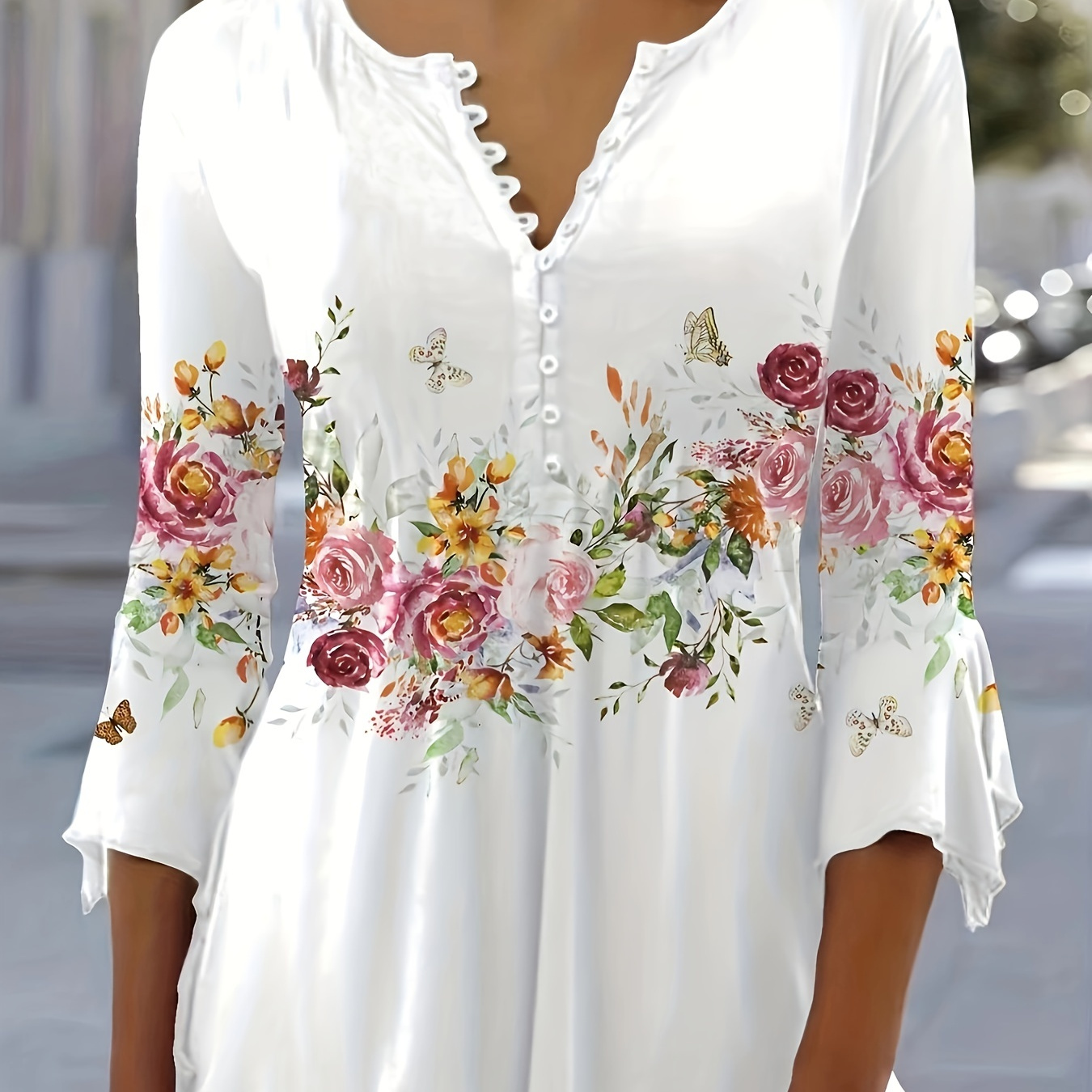 

Plus Size Casual Top, Women's Plus Floral Print Bell Sleeve Button Up V Neck Slight Stretch Top