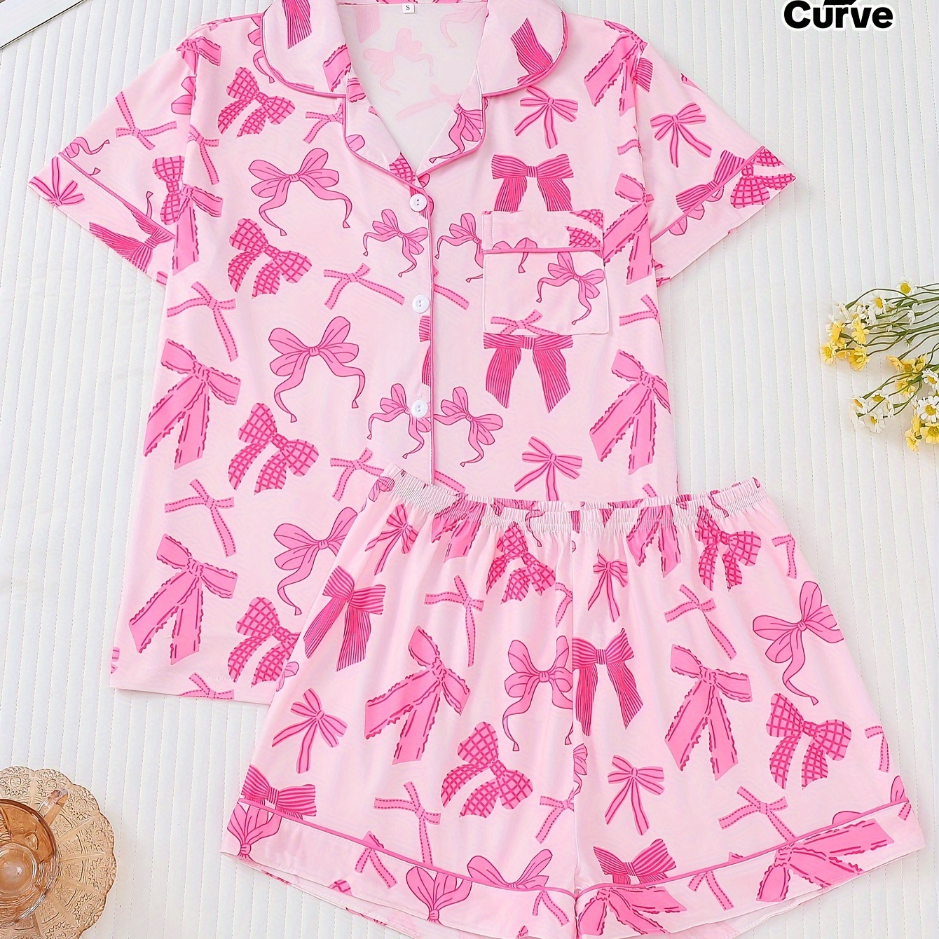 

Plus Size Cute Pajama Set, Women's Bow Print Button Up Short Sleeve Shirt & Shorts Lounge 2 Piece Set