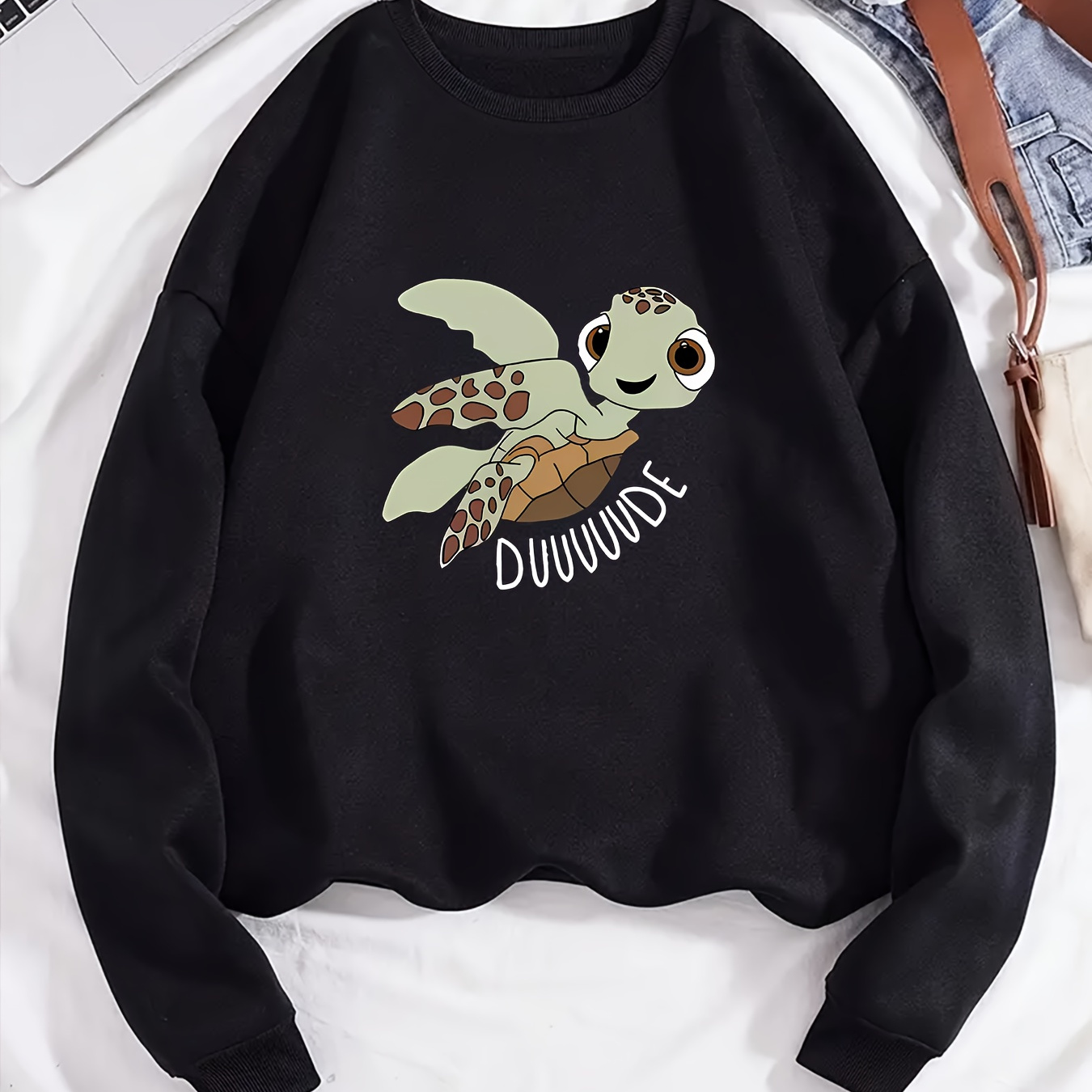 

Cozy Fleece-lined Women's Sweatshirt With Cute Cartoon Turtle Print - Casual & Sporty, Round Neck Pullover