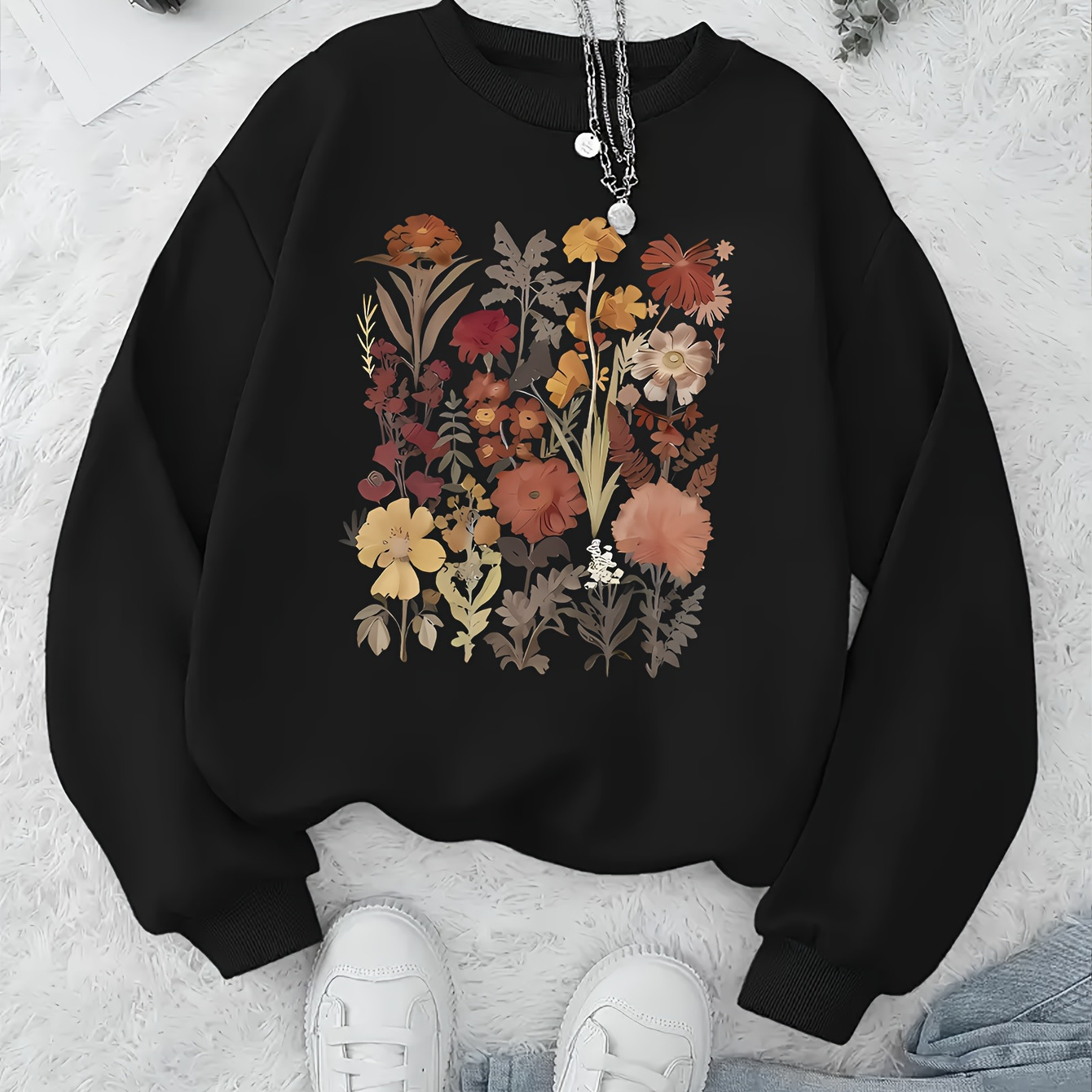 

Elegant Floral Print Fleece-lined Crew Neck Sweatshirt For Women - Cozy & Stylish, Fall/winter