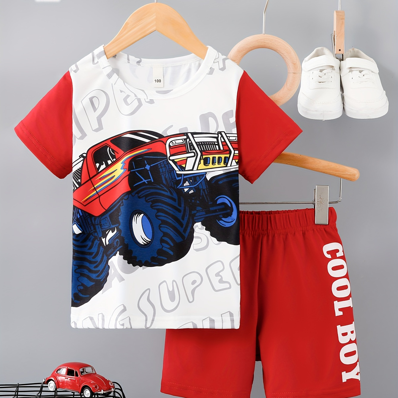 TEMU 2pcs Boys Casual Cartoon Off-road Car Graphic Print Short Sleeve T-shirt & Shorts Set, Comfy Summer Boys Clothes