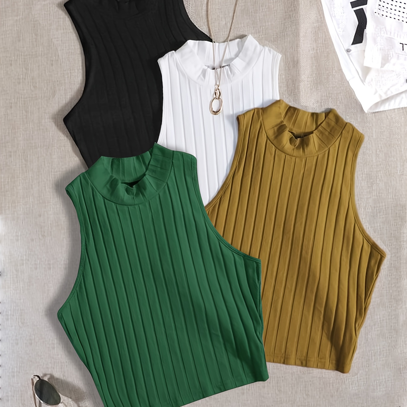 

Four-piece Tank Top Set, Sleeveless Solid Crop Tank Top For Summer & Spring, Women's Clothing