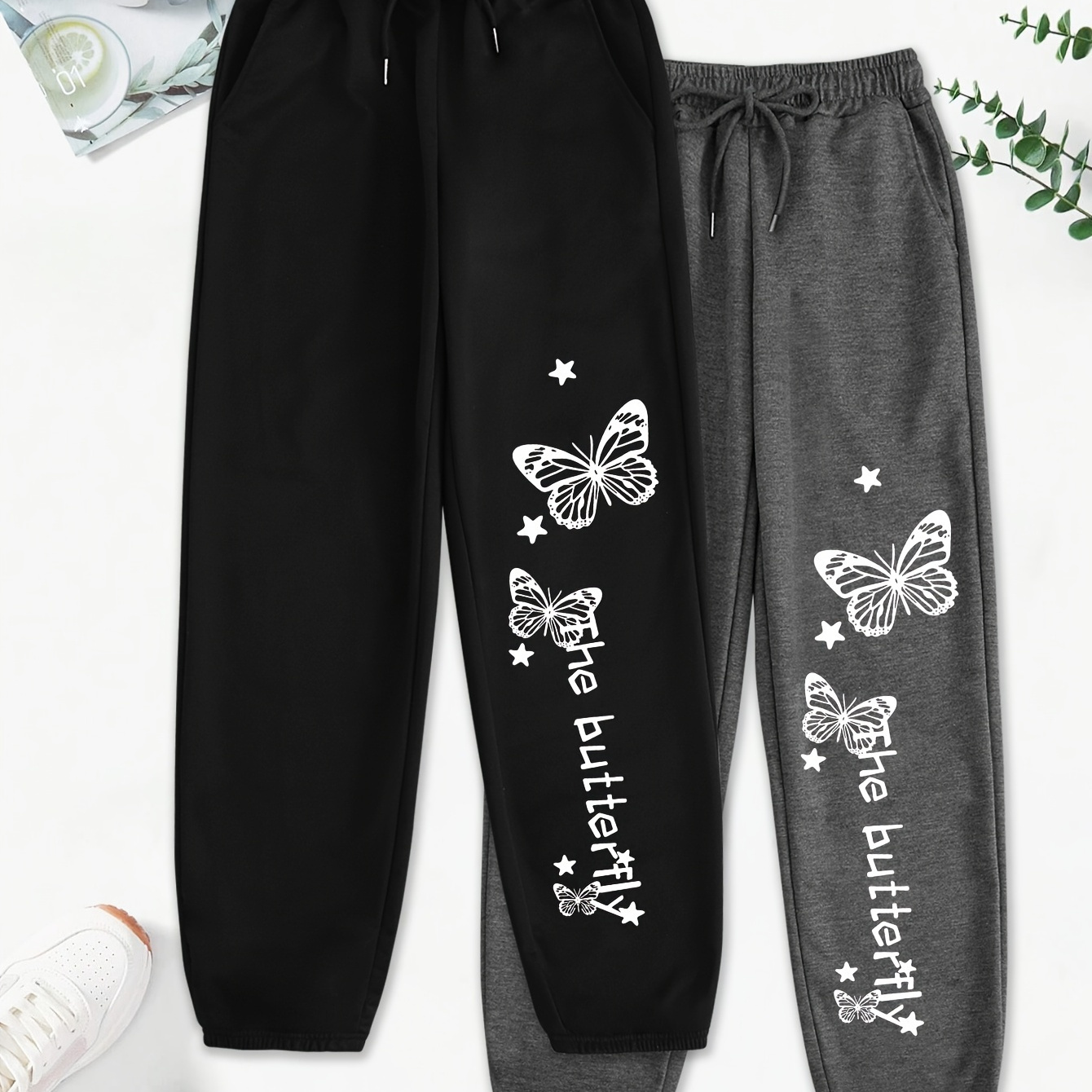 

Women's Casual Polyester Sweatpants Set Of 2, Butterfly Pattern, Knit Fabric, Loose Fit Sports Pants With Pockets, Elastic Waist, Long Length All-season Joggers