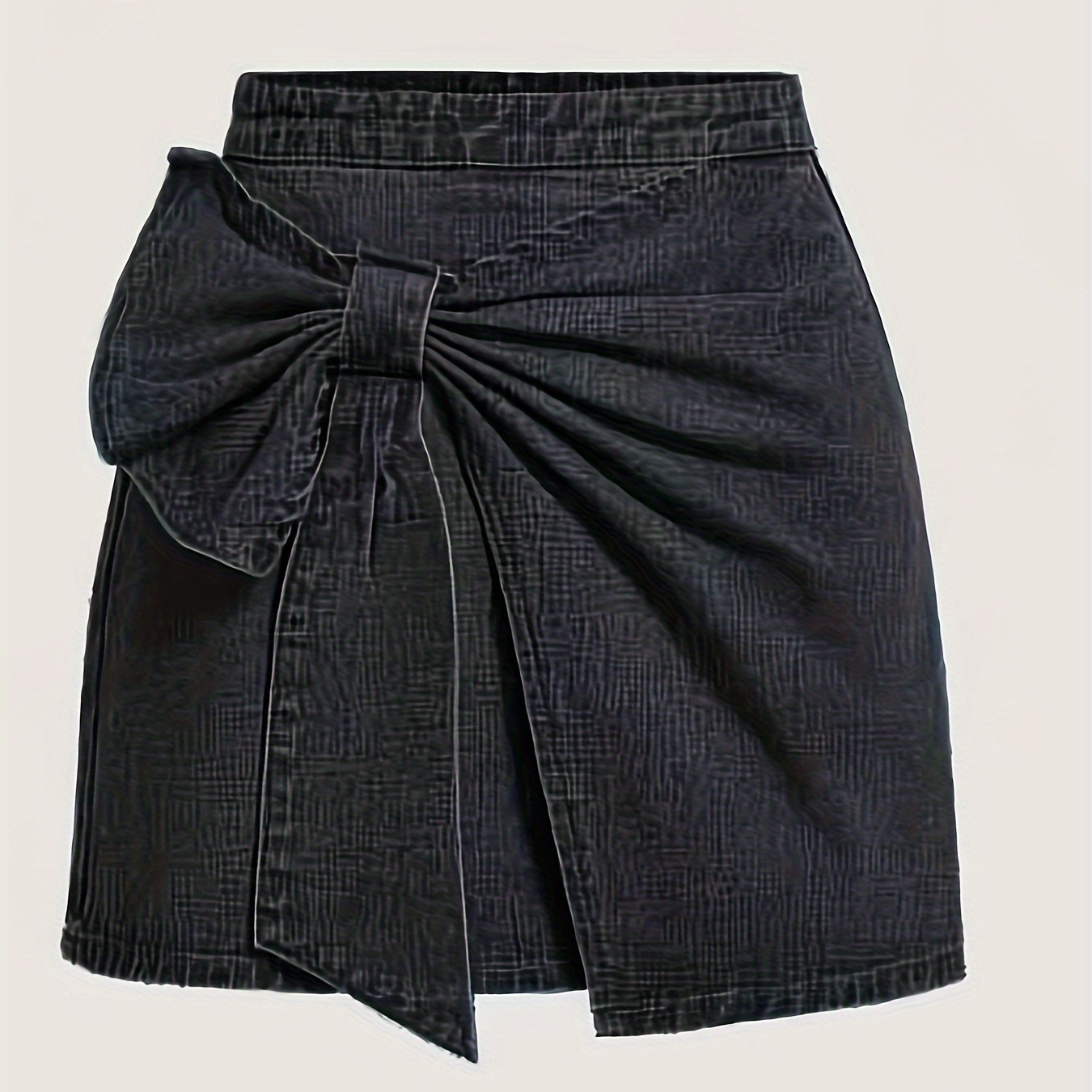 

Plain Black Color Bowknot Decor Denim Skirt, Ruched Elegant Mini Denim Skirt, Women's Denim Jeans & Clothing